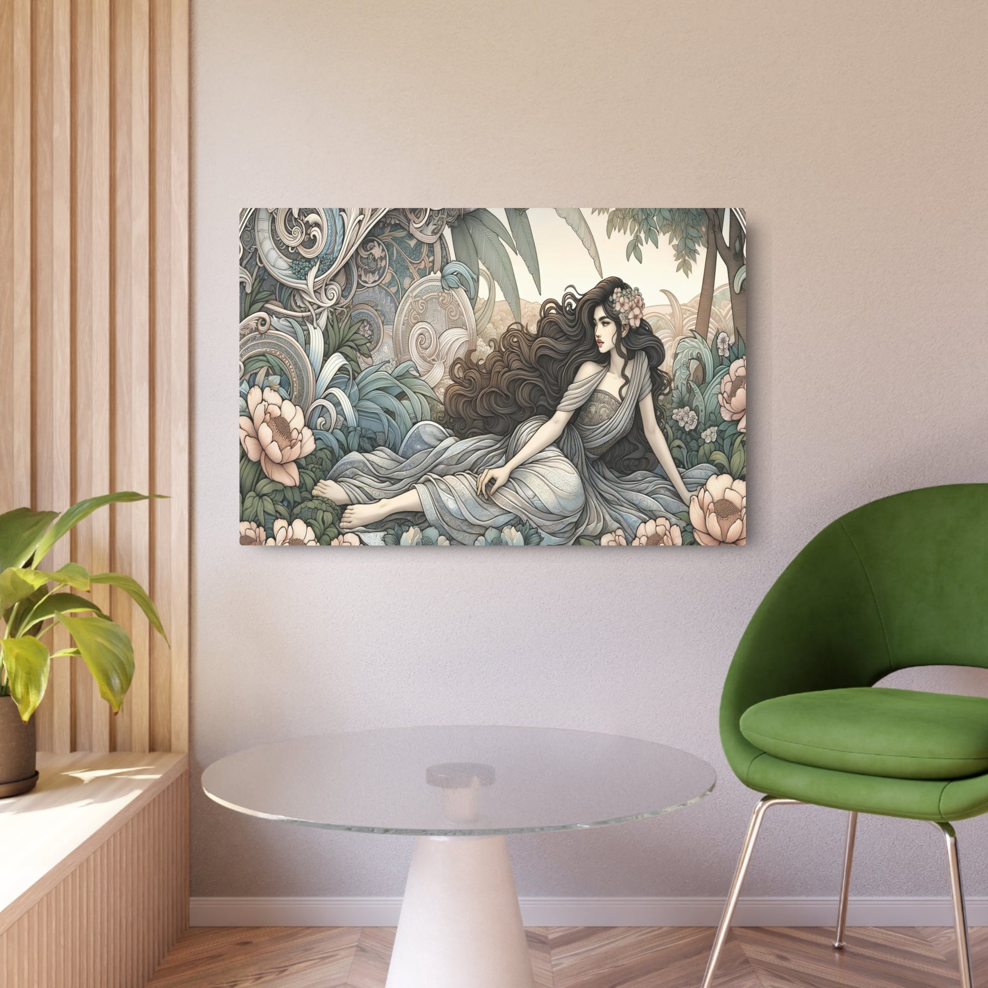 Metal Poster Art | "Art Nouveau Western Art Styles - Elegant Woman in Nature with Detailed Floral Motifs and Flowing Dress" - Metal Poster Art 36″ x 24″ (Horizontal) 0.12''