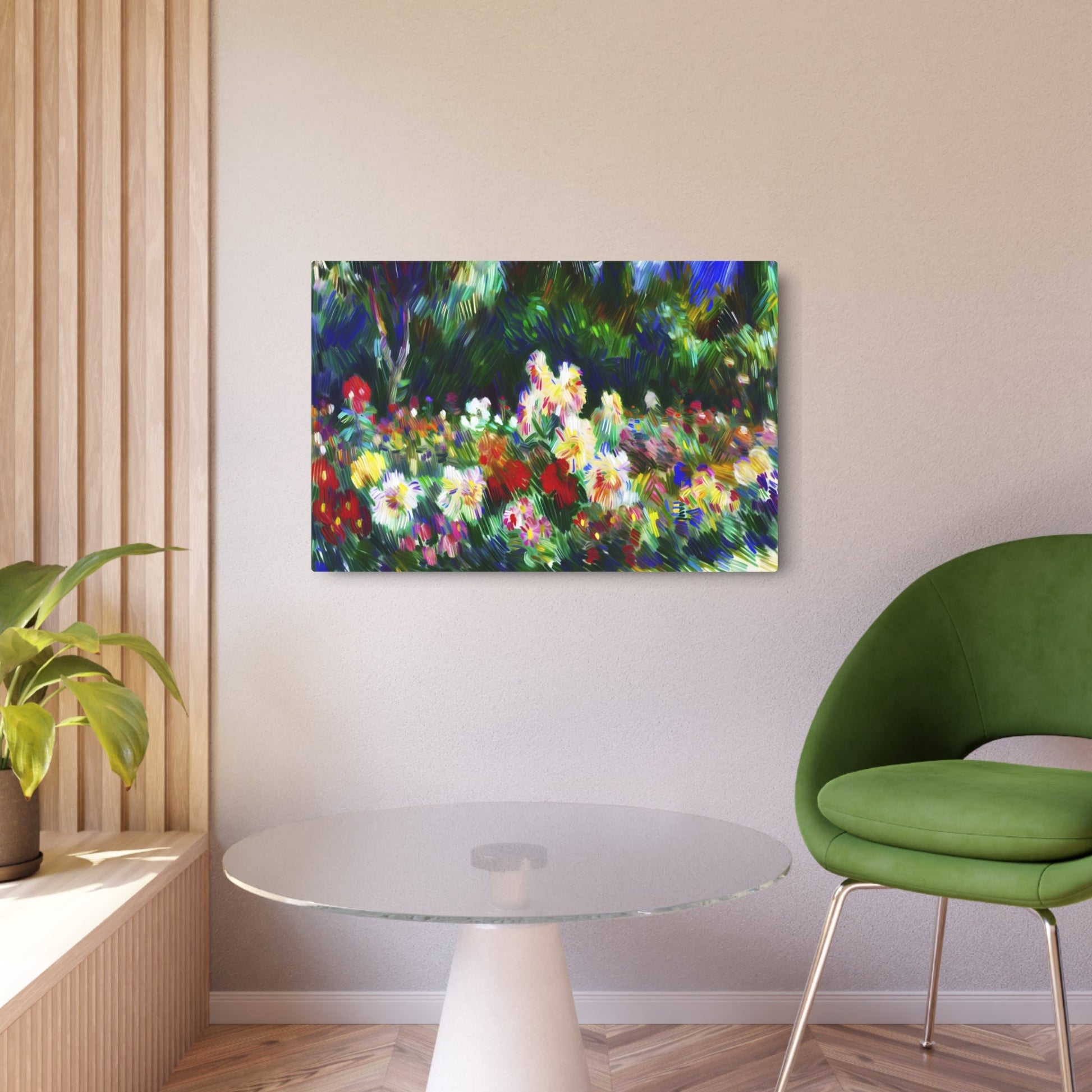 Metal Poster Art | "Post-Impressionistic Vibrant Garden Painting - Blooming Flowers Artwork in Western Art Styles Category" - Metal Poster Art 36″ x 24″ (Horizontal) 0.12''