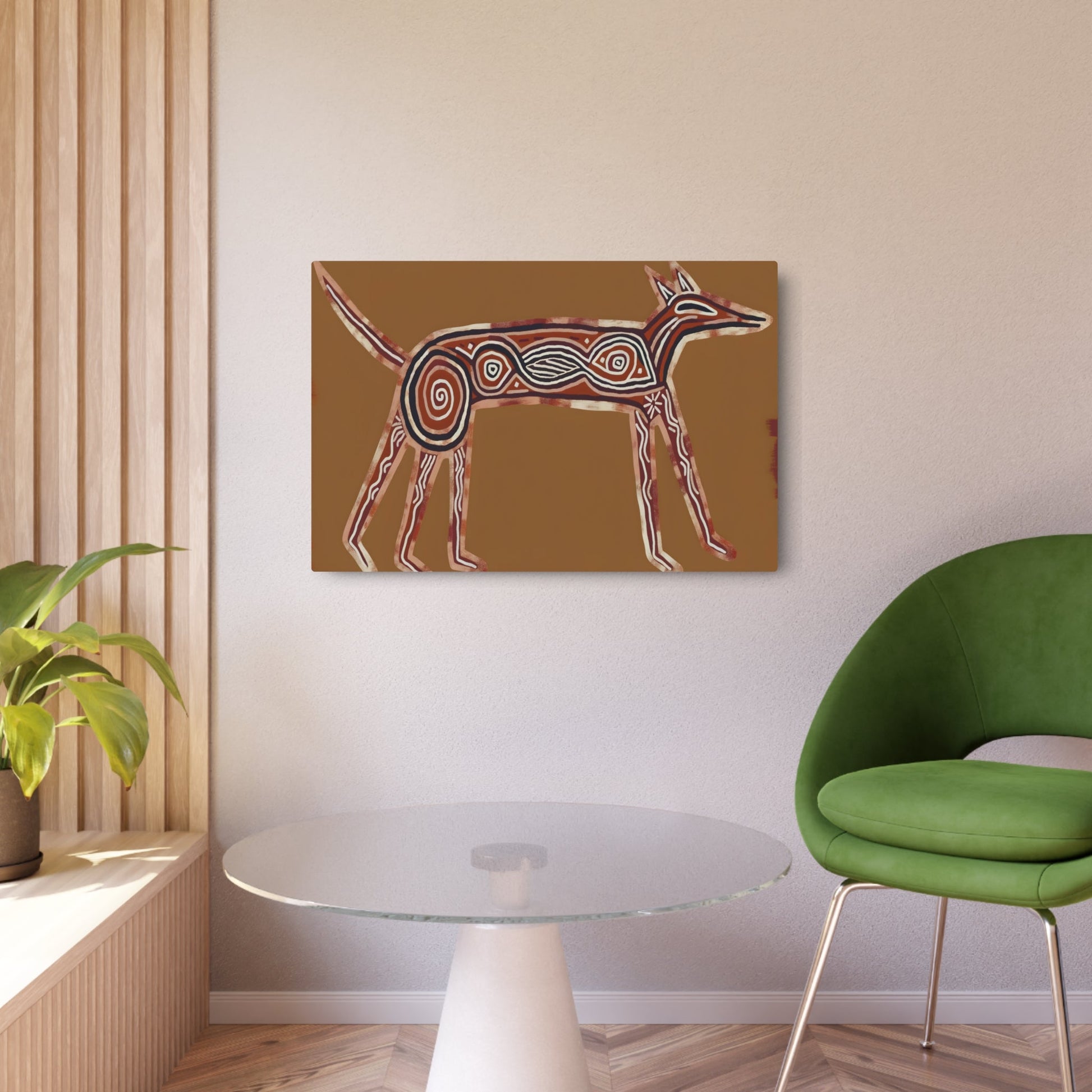 Metal Poster Art | "Authentic Australian Aboriginal Art Style Dog Image with Traditional Symbols and Patterns - Non-Western & Global Aboriginal Art" - Metal Poster Art 36″ x 24″ (Horizontal) 0.12''