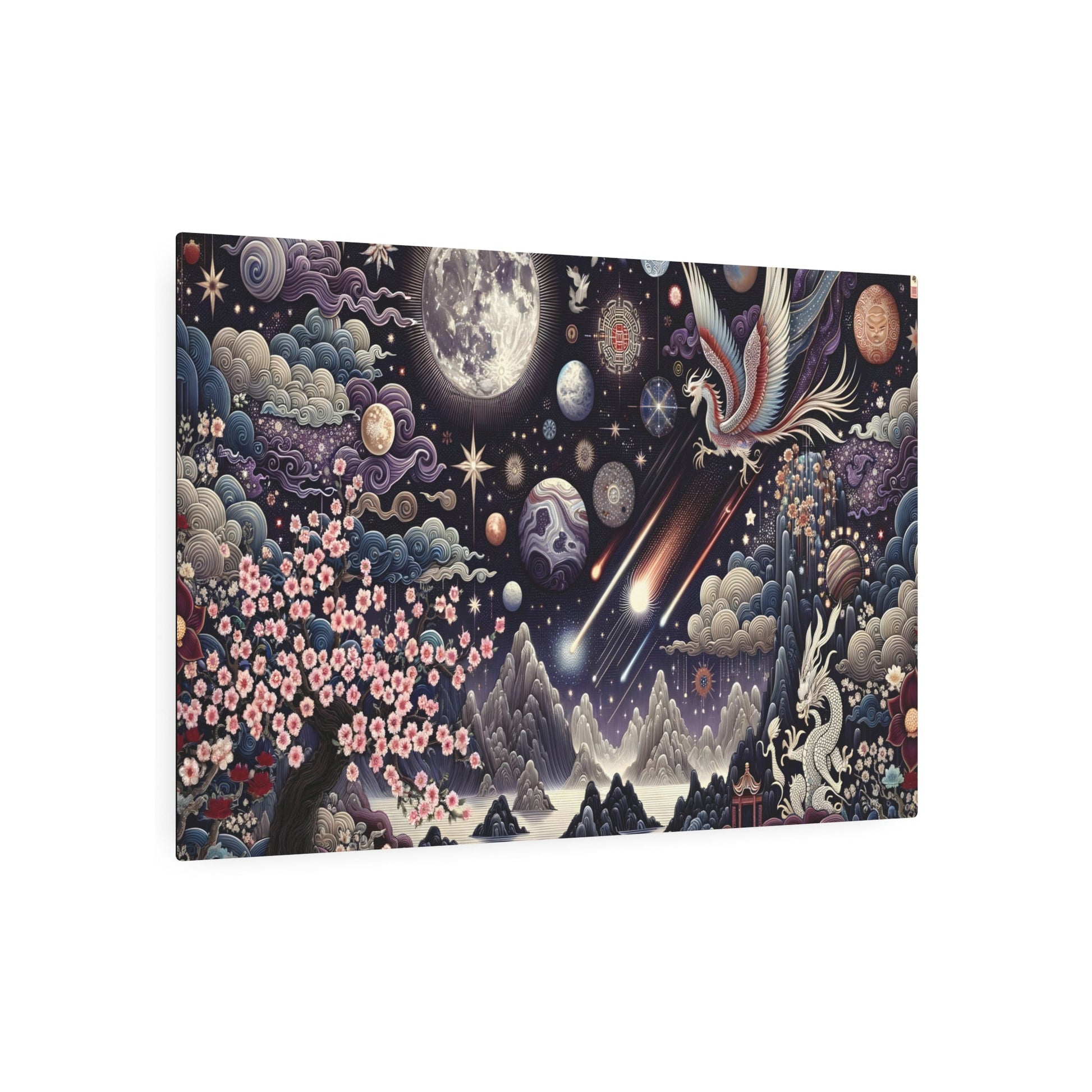 Metal Poster Art | "Chinese Silk Painting Art - Celestial Theme with Heavenly Bodies and Traditional Chinese Elements in Vibrant Colors, Part of the Asian Art Styles Collection" - Metal Poster Art 36″ x 24″ (Horizontal) 0.12''