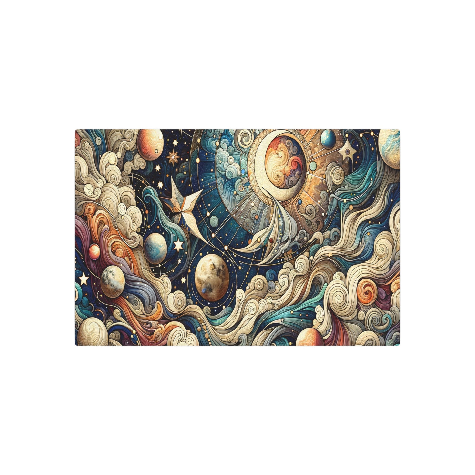 Metal Poster Art | "Art Nouveau Inspired Celestial Theme Artwork with Planets, Stars, Constellations and Moon - Intricate Organic Lines Western Art Style" - Metal Poster Art 36″ x 24″ (Horizontal) 0.12''