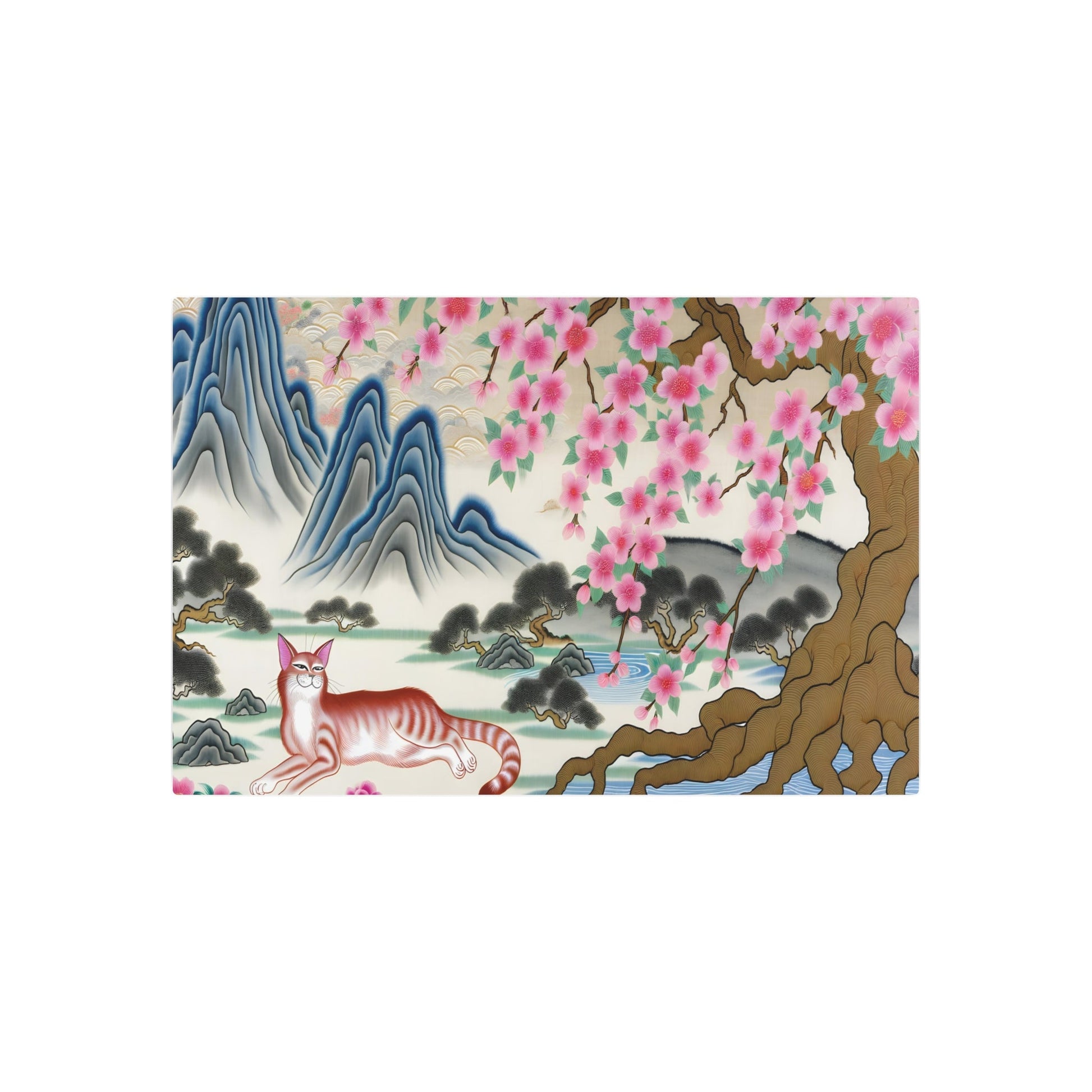 Metal Poster Art | "Traditional Chinese Silk Painting: Serene Landscape with Elegant Feline under Cherry Blossom Tree - Authentic Asian Art in Soft and Fluid Style" - Metal Poster Art 36″ x 24″ (Horizontal) 0.12''