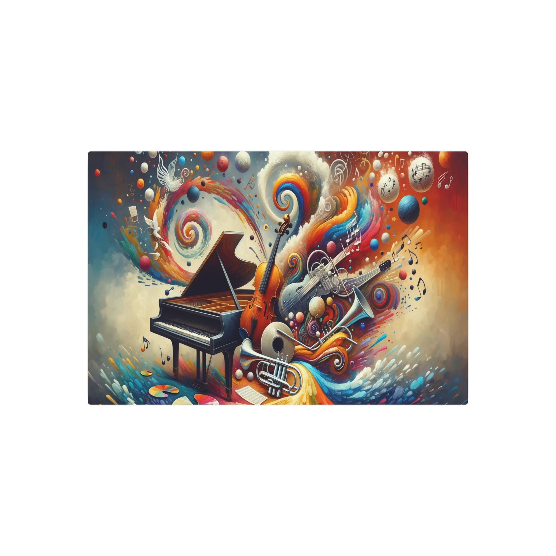 Metal Poster Art | "Modern & Contemporary Digital Art Illustration: Vibrant Fusion of Music and Art with Energetic Instruments and Paint Strokes | Dalle - 3 - Metal Poster Art 36″ x 24″ (Horizontal) 0.12''