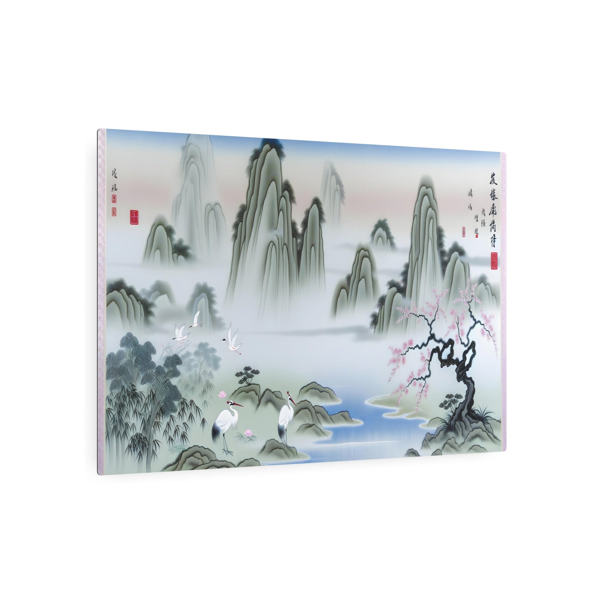 Metal Poster Art | "Traditional Chinese Silk Painting of Serene Landscape with White Cranes, Cherry Blossom Tree & Misty Mountains - Asian Art Styles" - Metal Poster Art 36″ x 24″ (Horizontal) 0.12''