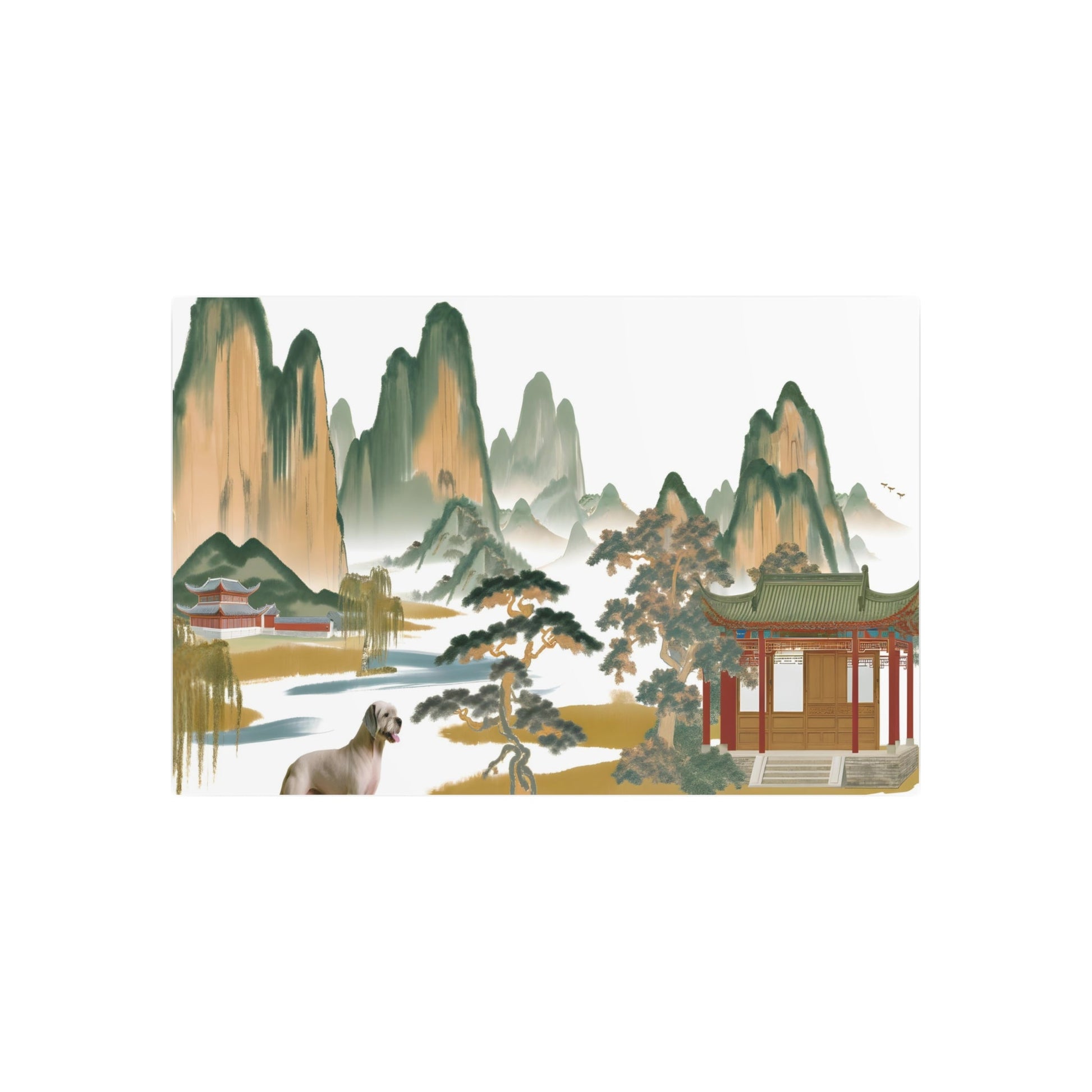 Metal Poster Art | "Traditional Chinese Landscape Painting with Dog, Asian Art Style - Mountain River Trees and Ancient Architecture Design" - Metal Poster Art 36″ x 24″ (Horizontal) 0.12''