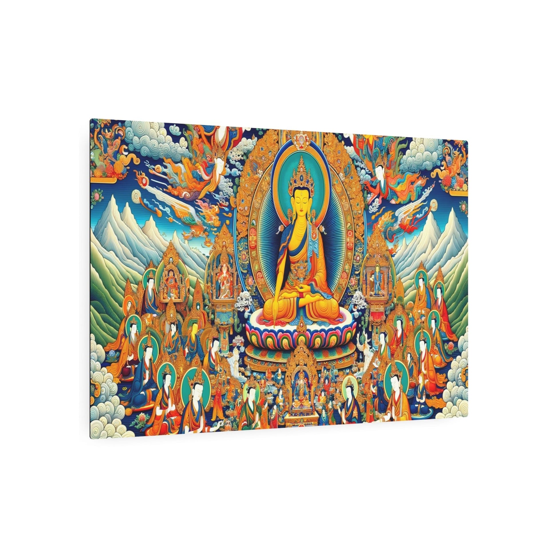 Metal Poster Art | "Authentic Tibetan Thangka Painting: Vibrant Asian Art Style Illustrating Intricate Details and Spiritual Themes of Buddhist Deities and Scenes from Buddha - Metal Poster Art 36″ x 24″ (Horizontal) 0.12''