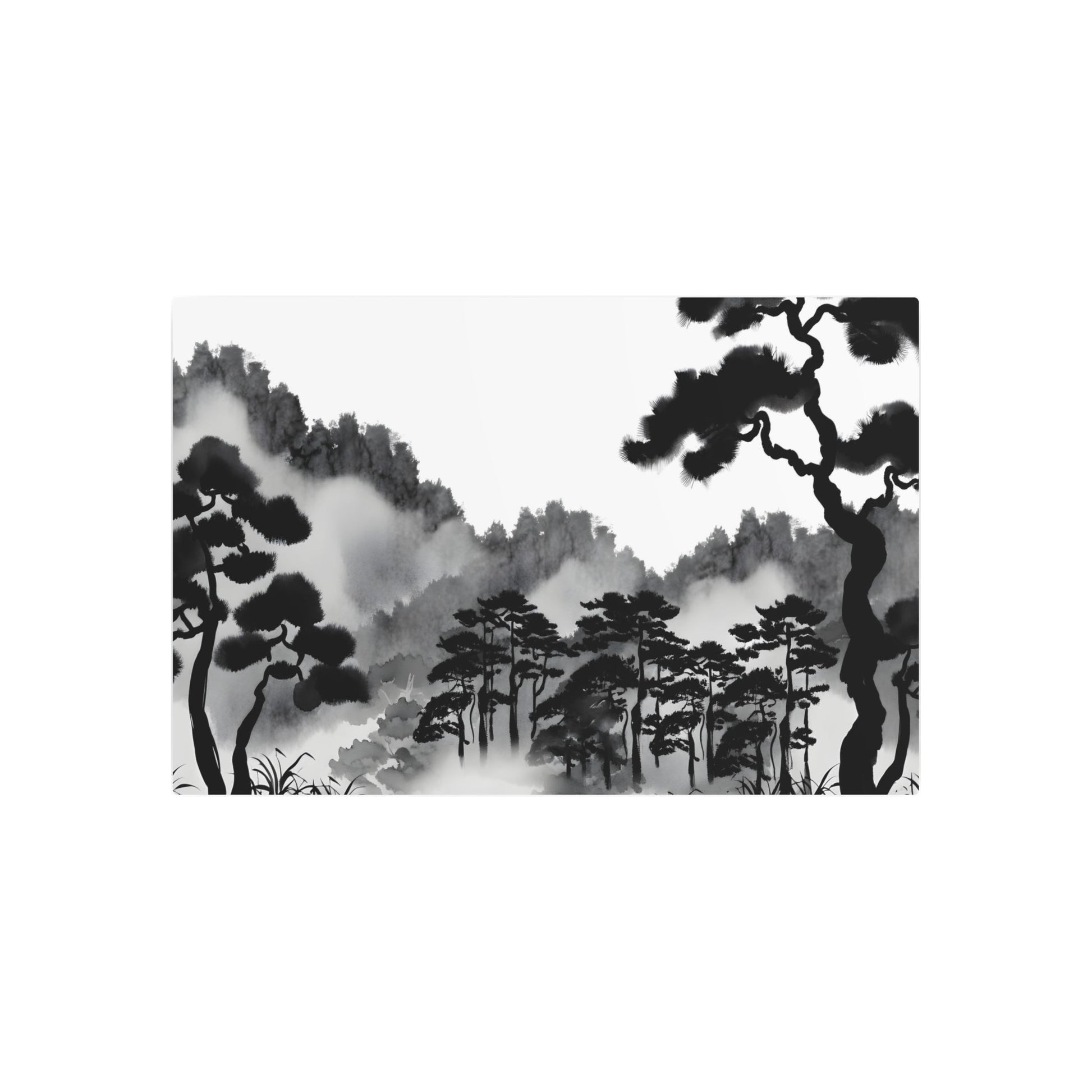 Metal Poster Art | "Sumi-e Japanese Ink Wash Painting - Tranquil Forest Scene in Traditional Asian Art Styles" - Metal Poster Art 36″ x 24″ (Horizontal) 0.12''