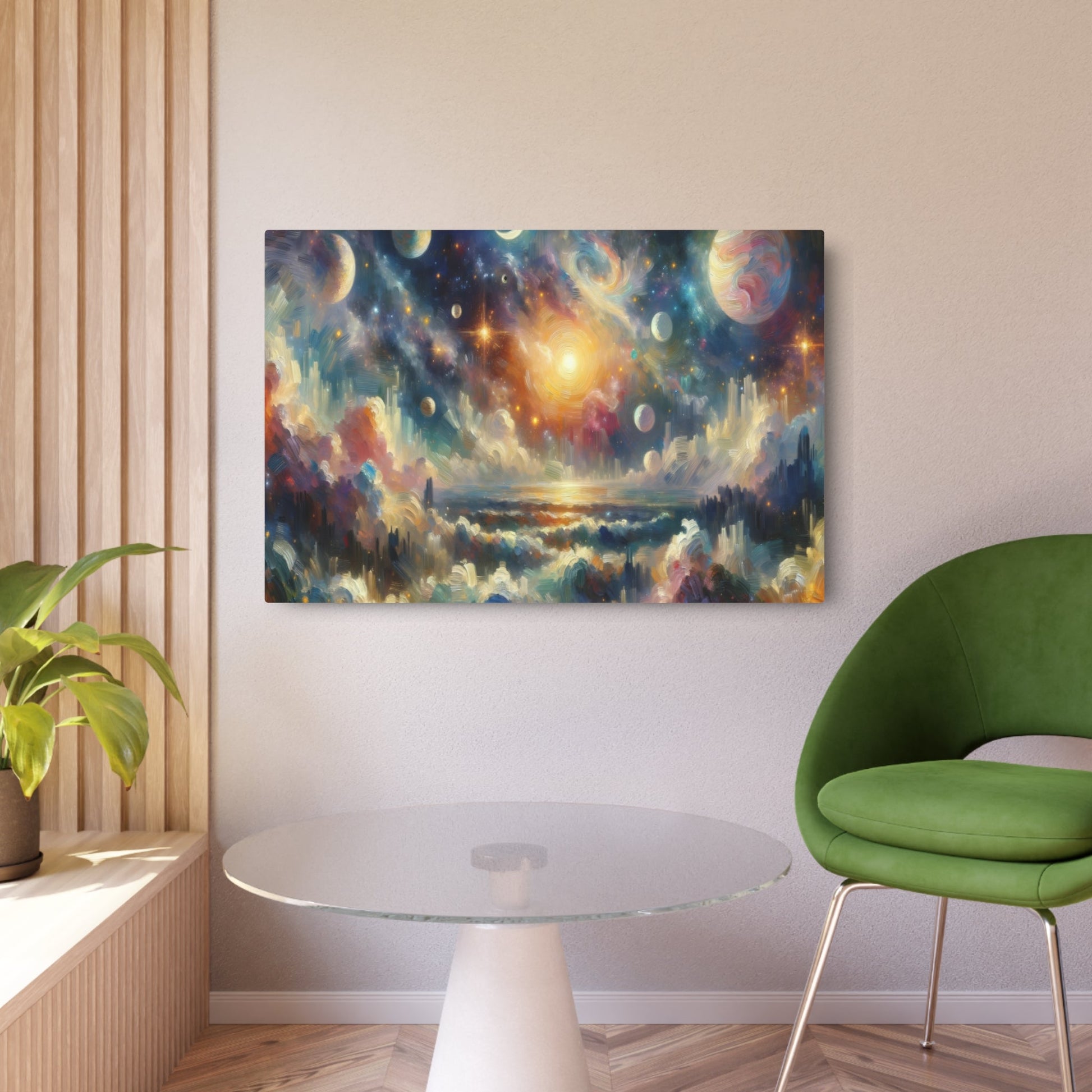 Metal Poster Art | "Impressionist Western Art - Celestial Scenery Painting with Vivid Colors and Thick Strokes featuring Stars, Planets, and Nebulae - Metal Poster Art 36″ x 24″ (Horizontal) 0.12''