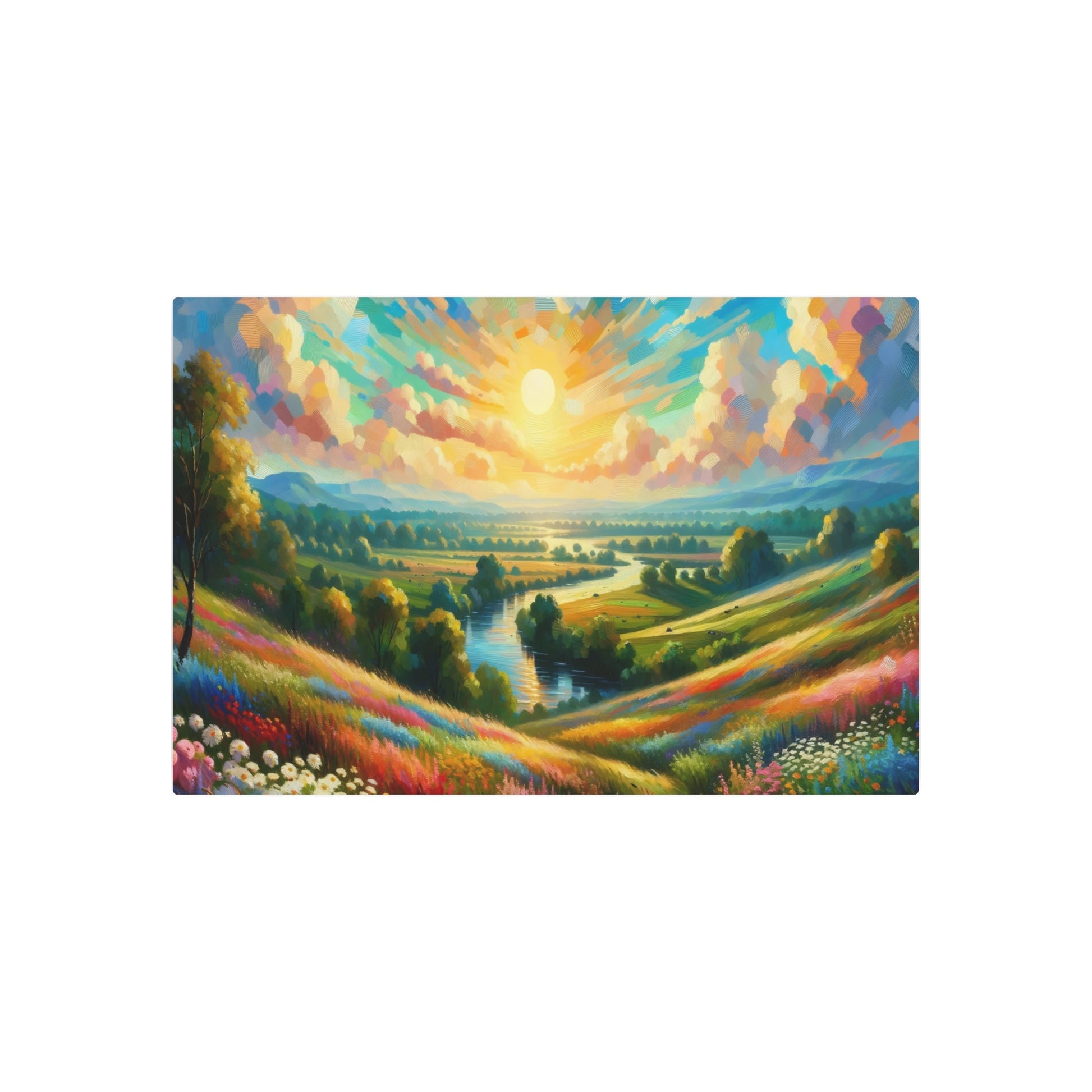 Metal Poster Art | "Impressionist Art Countryside Landscape - Vibrant Western Art Styles - Scenic Meadow, River & Sunset Scene" - Metal Poster Art 36″ x 24″ (Horizontal) 0.12''