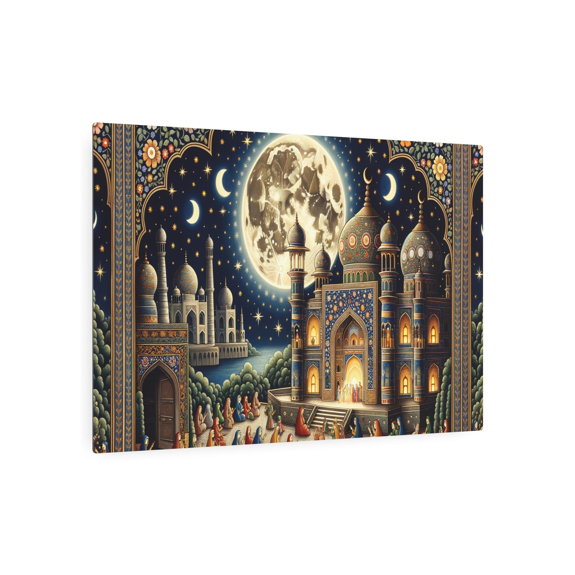 Metal Poster Art | "Mughal Miniature Art Inspired by Celestial Body Theme: A Full Moon Starry Night Sky, Royal Mughal Festivities in Golden - D - Metal Poster Art 36″ x 24″ (Horizontal) 0.12''