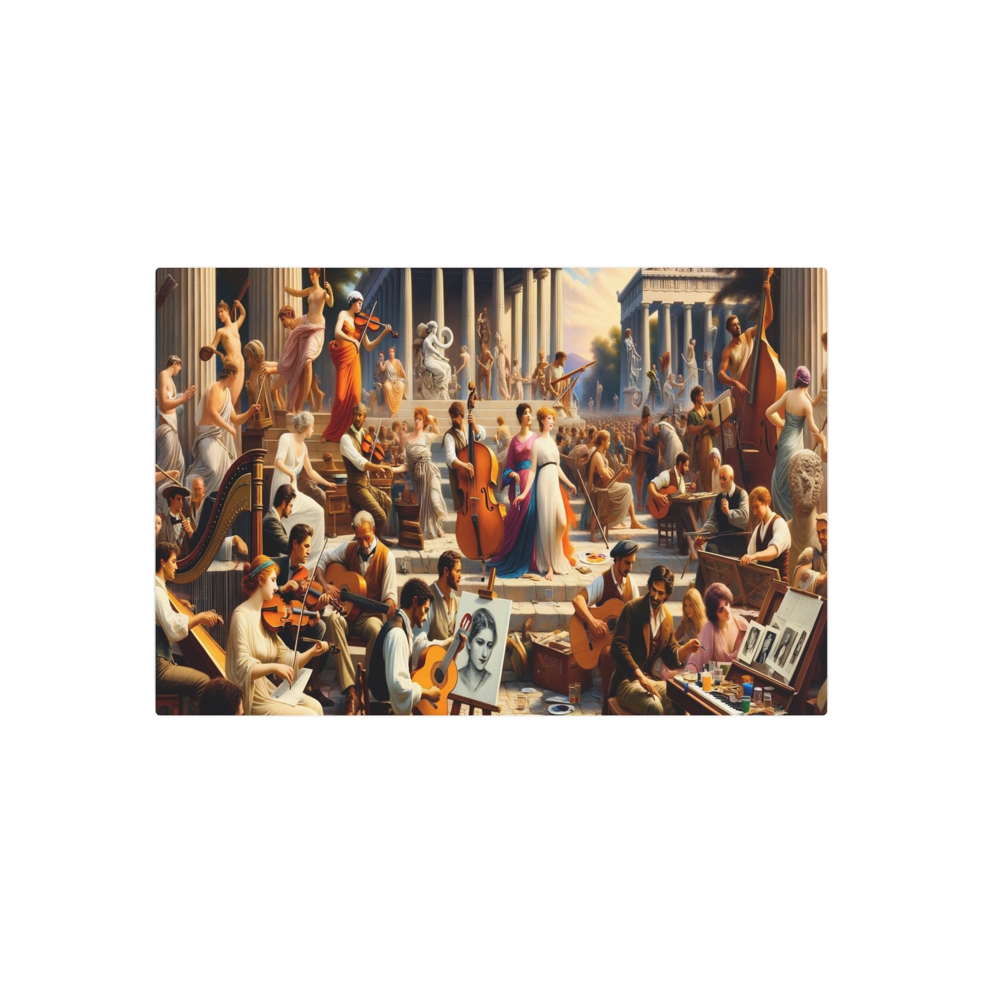 Metal Poster Art | "Neoclassical Art Festival Painting - Vibrant Western Art Styles Depicting Classical Music and Portrait Artists Amidst Greek and Roman Architecture" - Metal Poster Art 36″ x 24″ (Horizontal) 0.12''