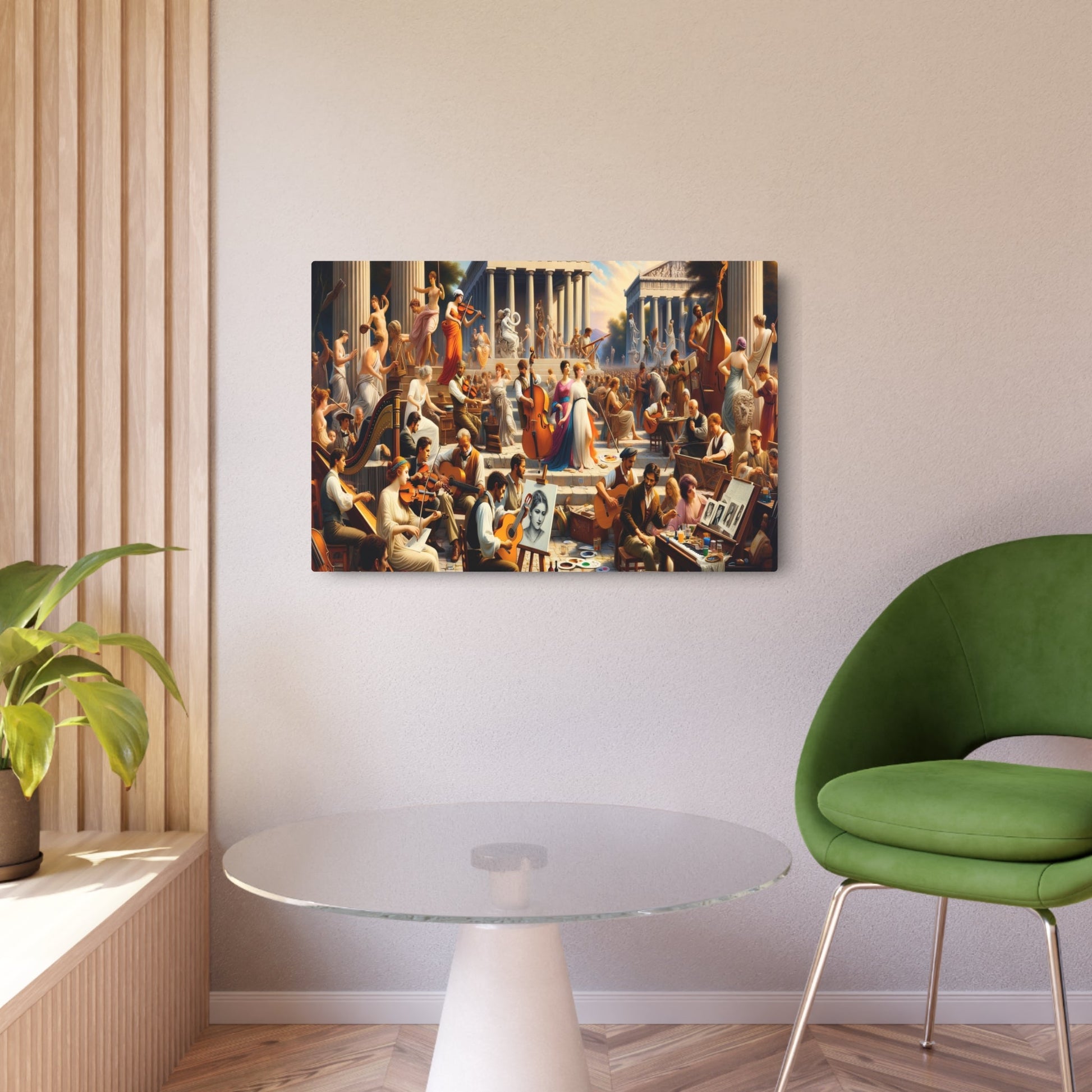 Metal Poster Art | "Neoclassical Art Festival Painting - Vibrant Western Art Styles Depicting Classical Music and Portrait Artists Amidst Greek and Roman Architecture" - Metal Poster Art 36″ x 24″ (Horizontal) 0.12''