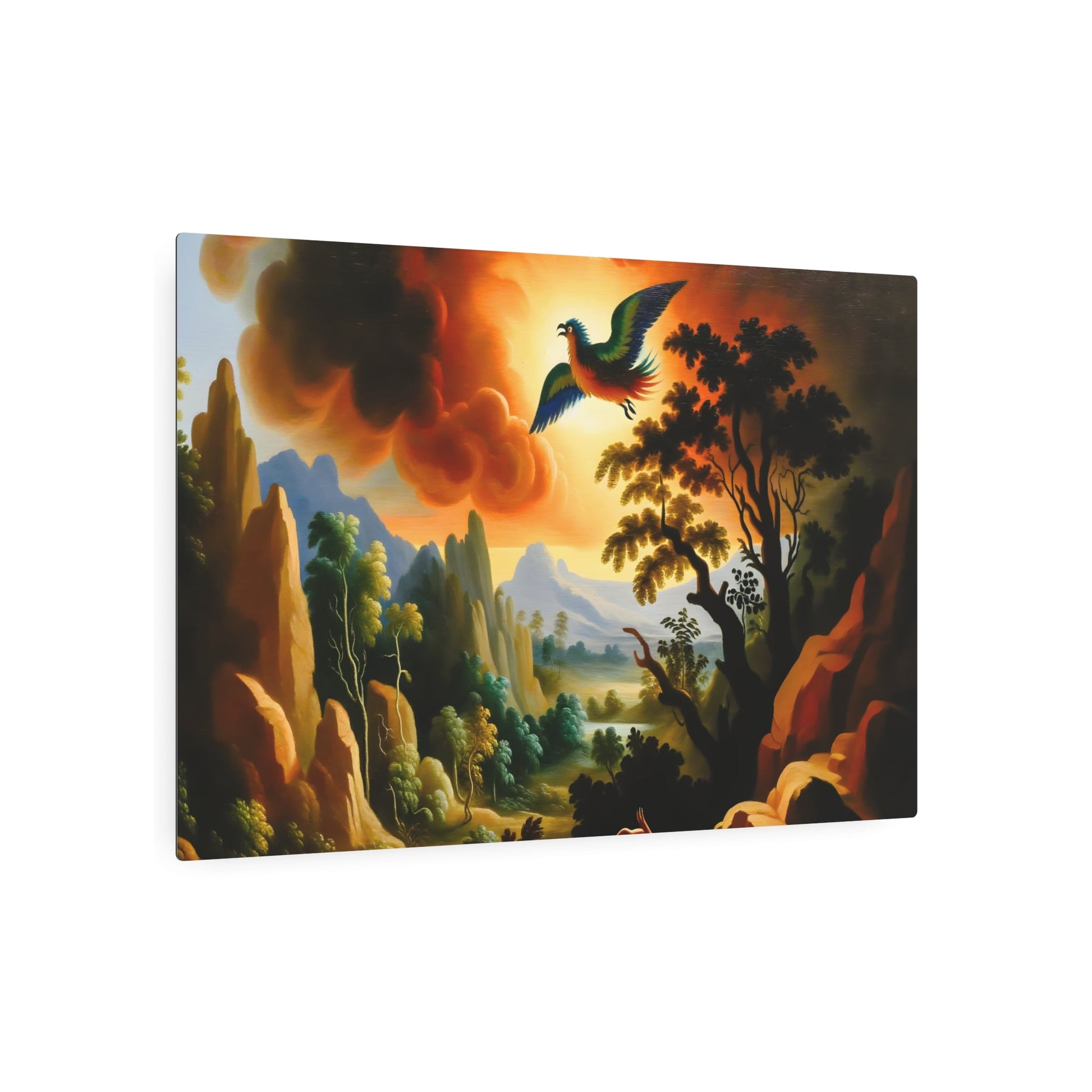 Metal Poster Art | "Romanticism Western Art Style - Vibrant Bird in Sunset Landscape Painting" - Metal Poster Art 36″ x 24″ (Horizontal) 0.12''