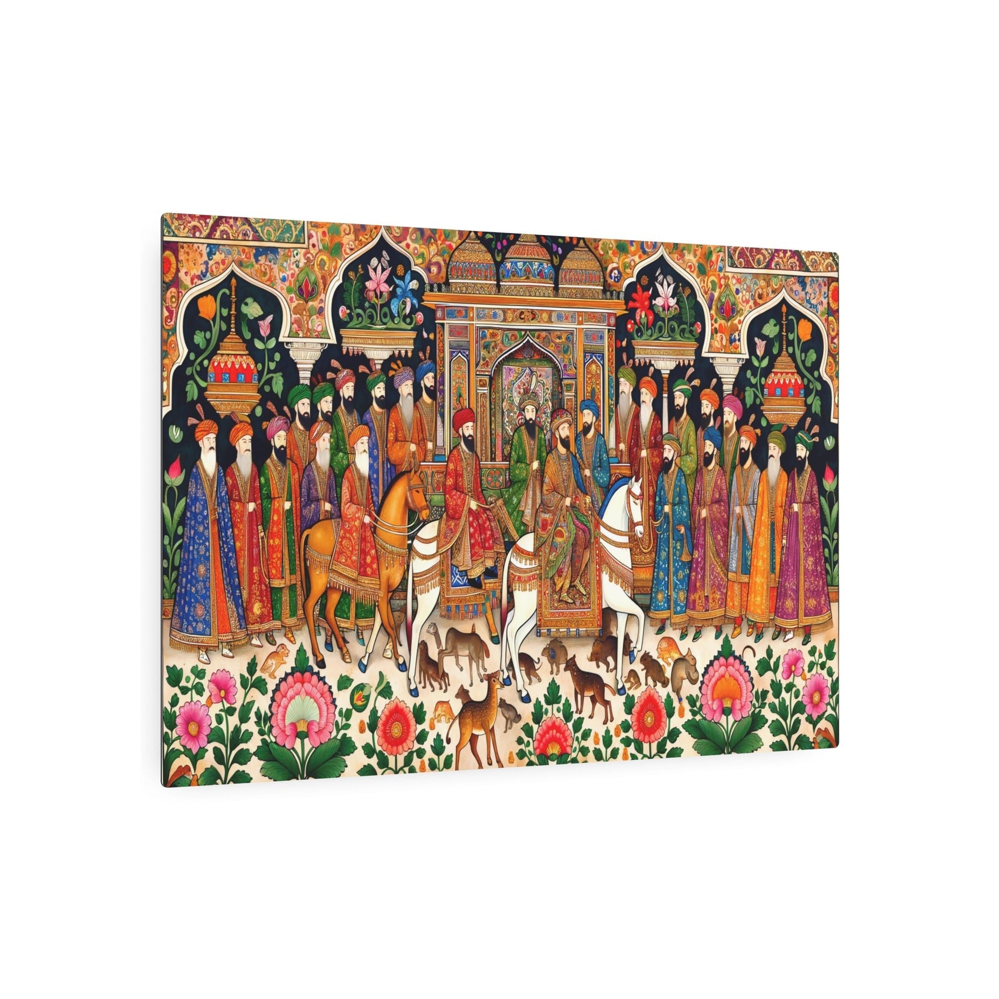 Metal Poster Art | "Mughal Miniature Art Rendering: Regal Figures, Vibrant Patterns & Exotic Animals – South Asian Non - Western Global Styles" - Metal Poster Art 36″ x 24″ (Horizontal) 0.12''