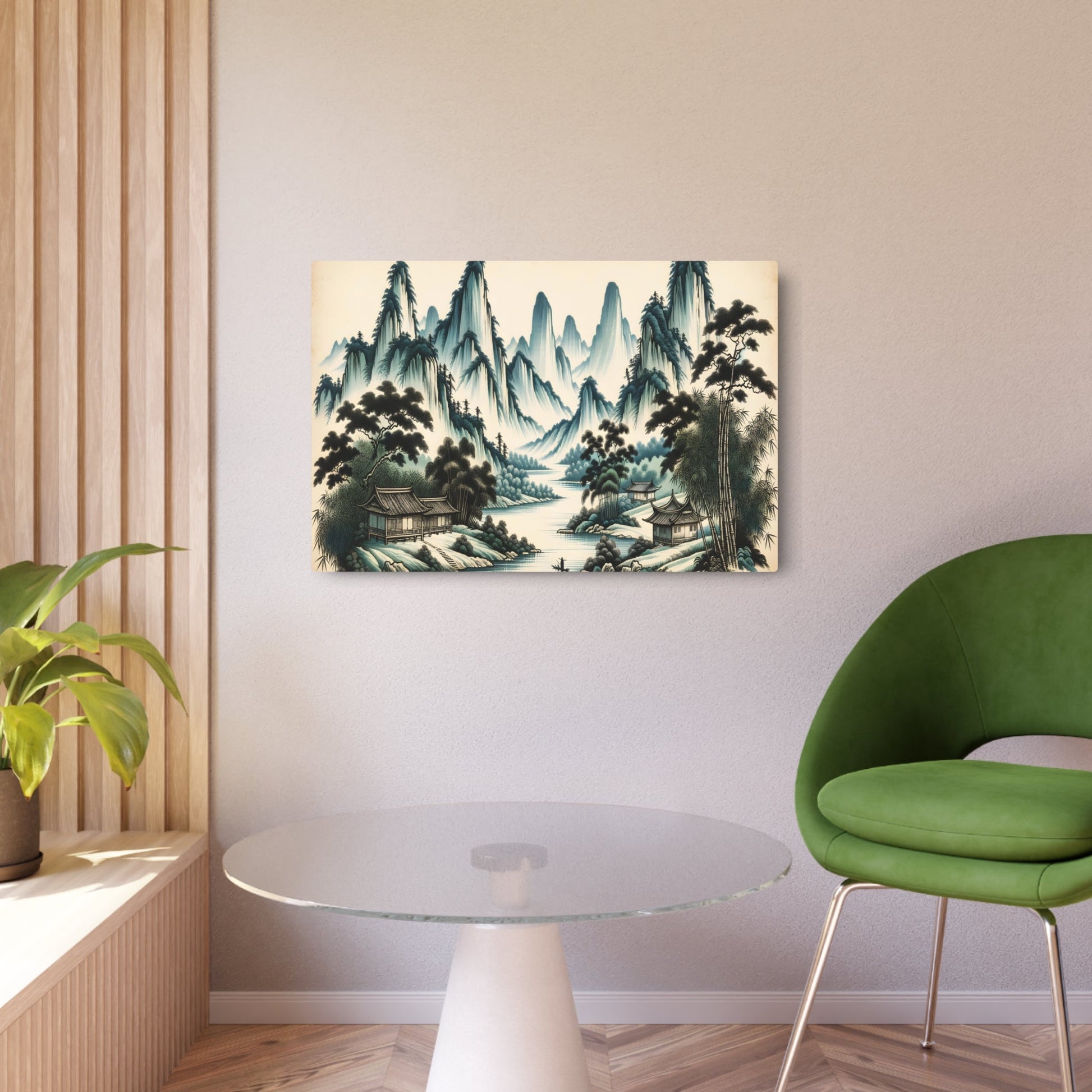 Metal Poster Art | "Traditional Chinese Landscape Artwork with Mountain, River, Tree and Bamboo House Elements - Asian Art Styles Collection" - Metal Poster Art 36″ x 24″ (Horizontal) 0.12''