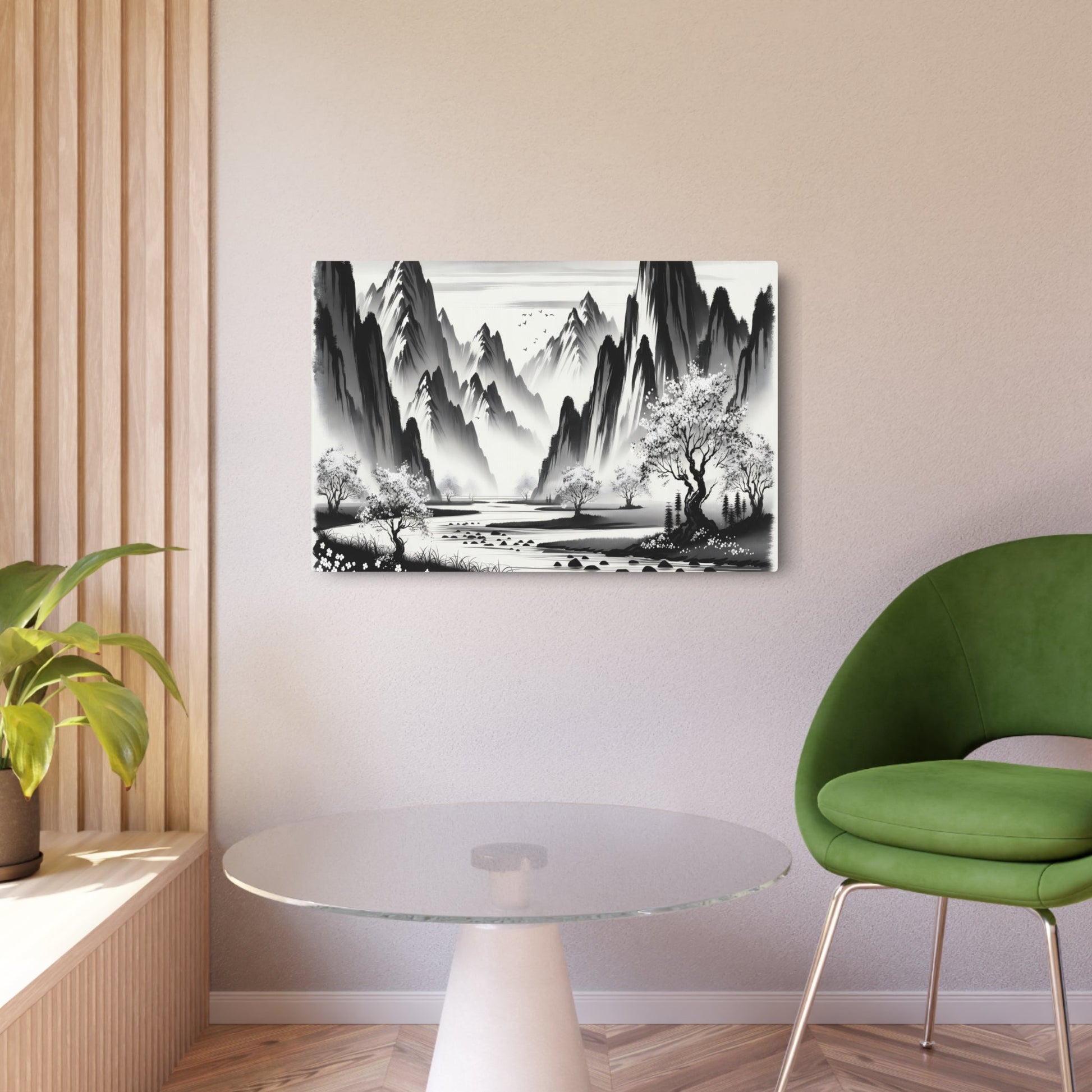 Metal Poster Art | "Sumi - e Japanese Ink Wash Artwork - Serene Landscape with Majestic Mountains, Flowing River & Cherry Blossom Trees | Traditional Asian Art - Metal Poster Art 36″ x 24″ (Horizontal) 0.12''