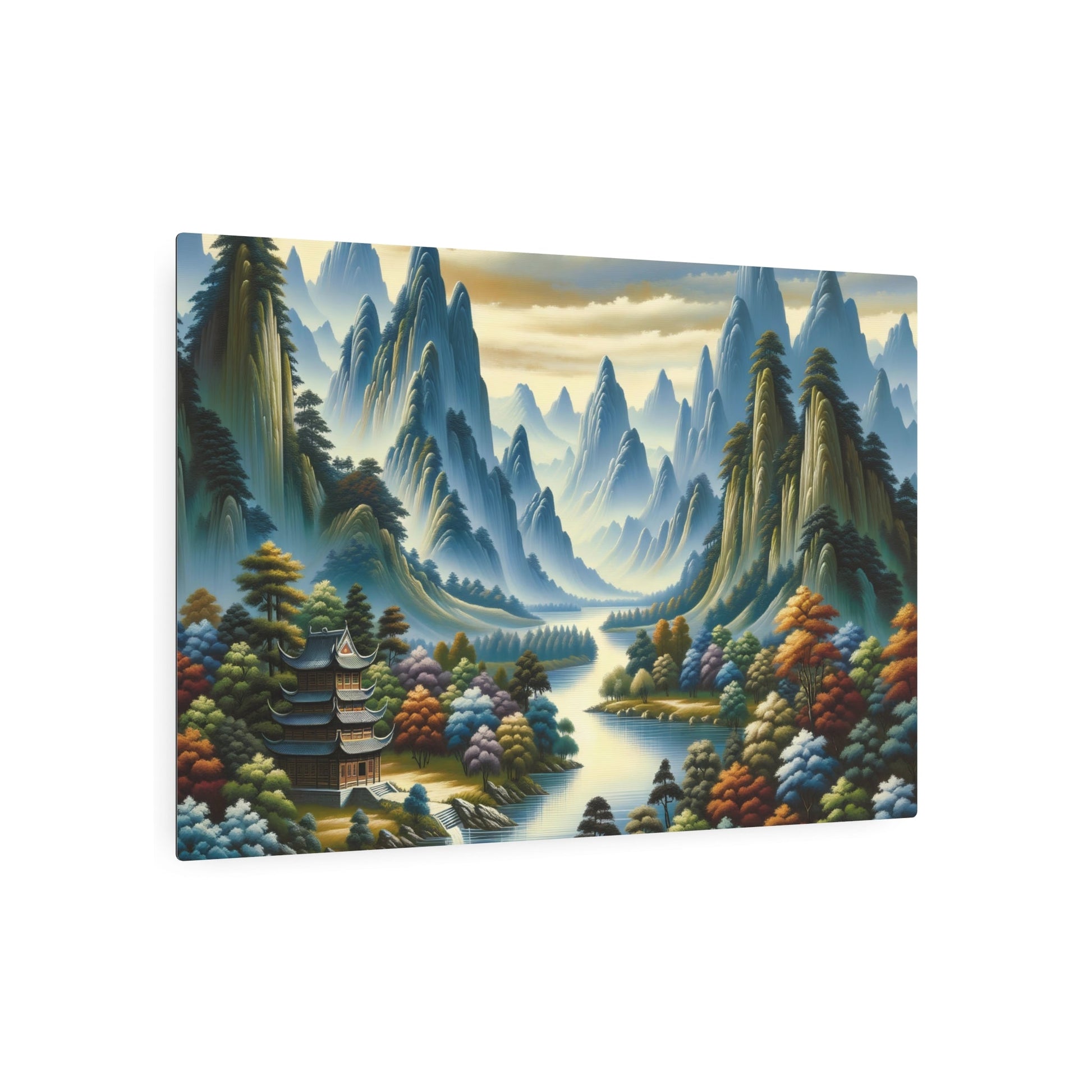 Metal Poster Art | "Traditional Chinese Landscape Art: Stunning Handmade Painting of Mountains, Rivers, Trees and Ancient Temple - Authentic Asian Art Styles Collection" - Metal Poster Art 36″ x 24″ (Horizontal) 0.12''