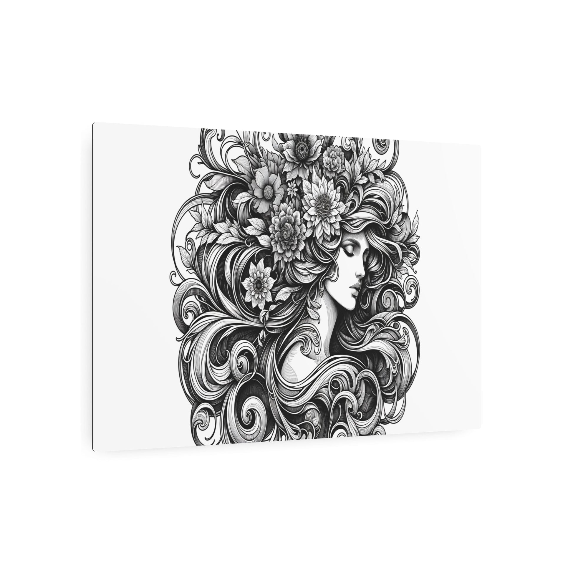 Metal Poster Art | "Art Nouveau Style Western Art - Mystical Woman with Floral Adorned Hair in Intricate Nature - Inspired Illustration" - Metal Poster Art 36″ x 24″ (Horizontal) 0.12''