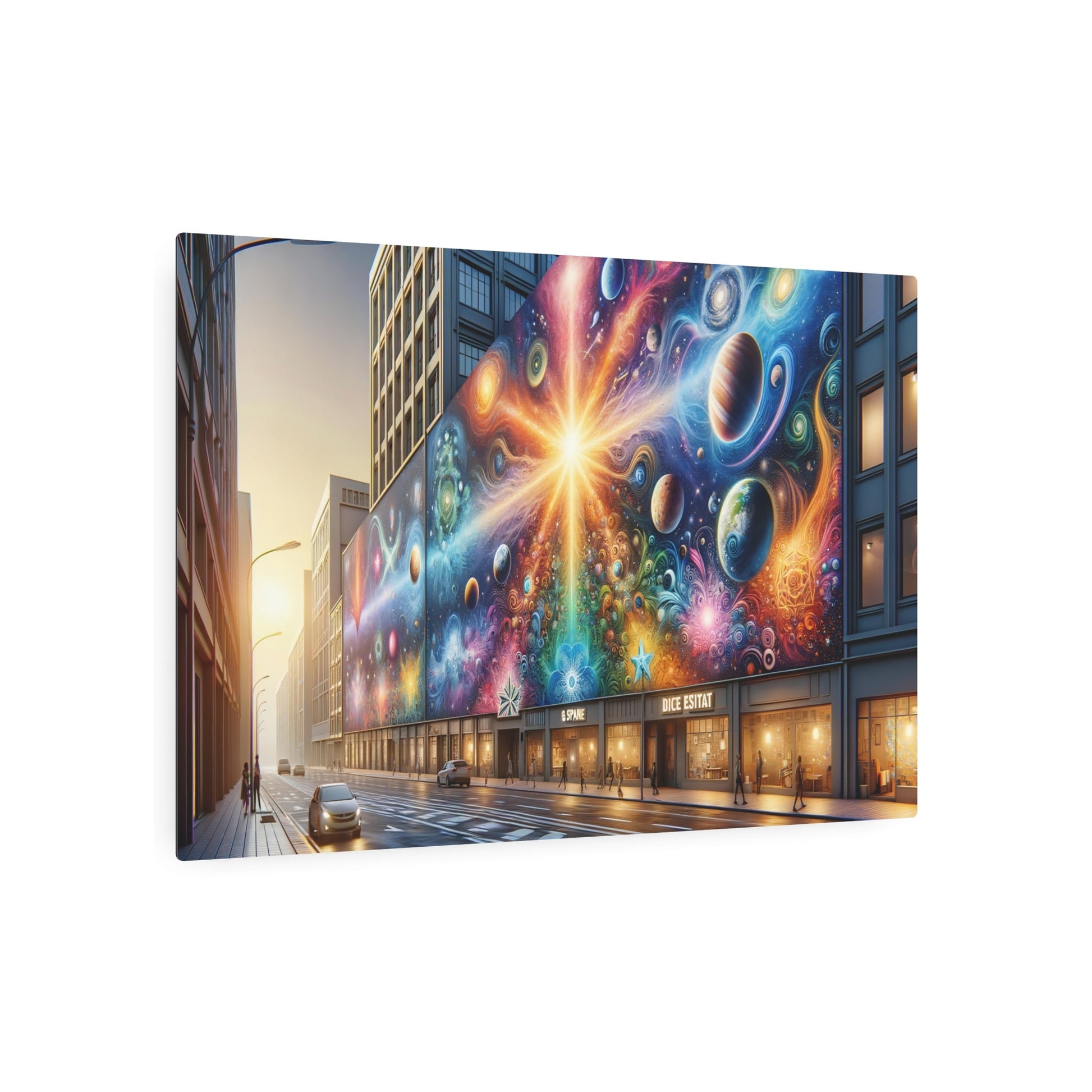 Metal Poster Art | "Modern & Contemporary Cosmic Playground: Diverse Celestial - Themed Street Art in Vibrant City Street - Galaxies, Planets and Stars Murals - Metal Poster Art 36″ x 24″ (Horizontal) 0.12''