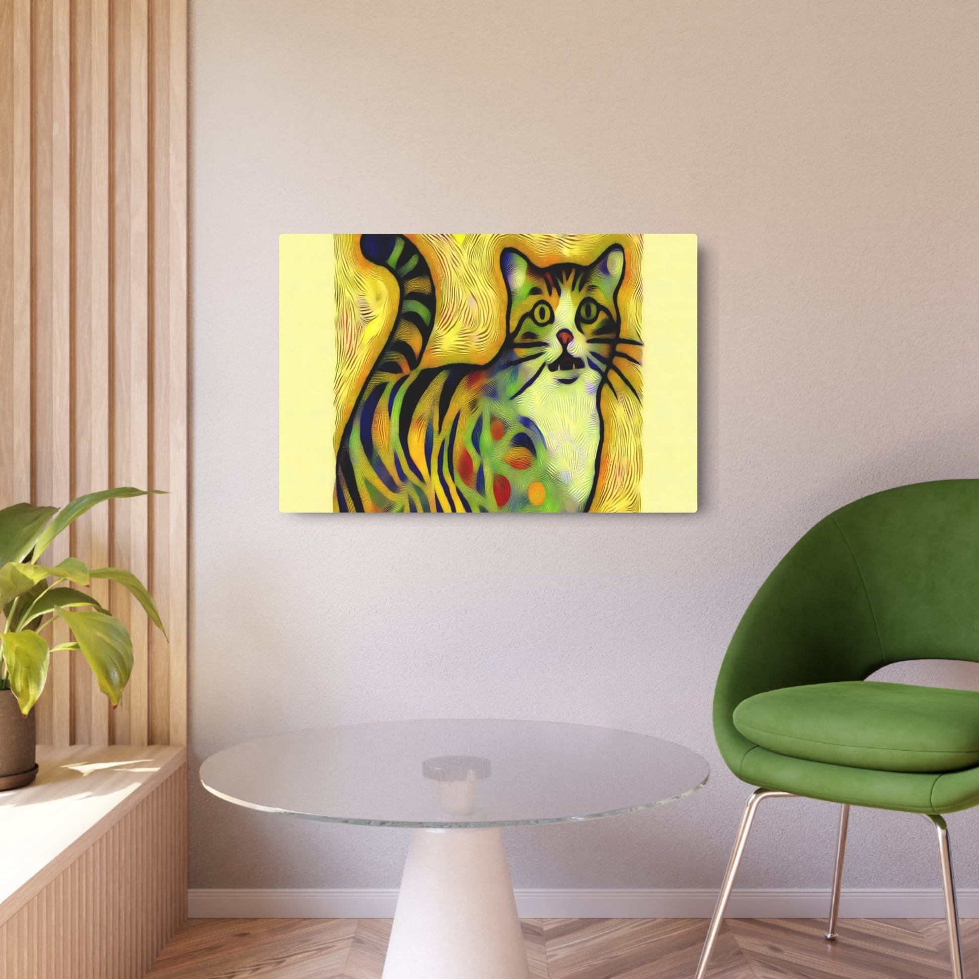 Metal Poster Art | "Modern Pop Art Style Whimsical Cat Image - Bold Lines, Vivid Colors & Patterns - Contemporary Pop Art Cat Illustration in Playful Design - Metal Poster Art 36″ x 24″ (Horizontal) 0.12''