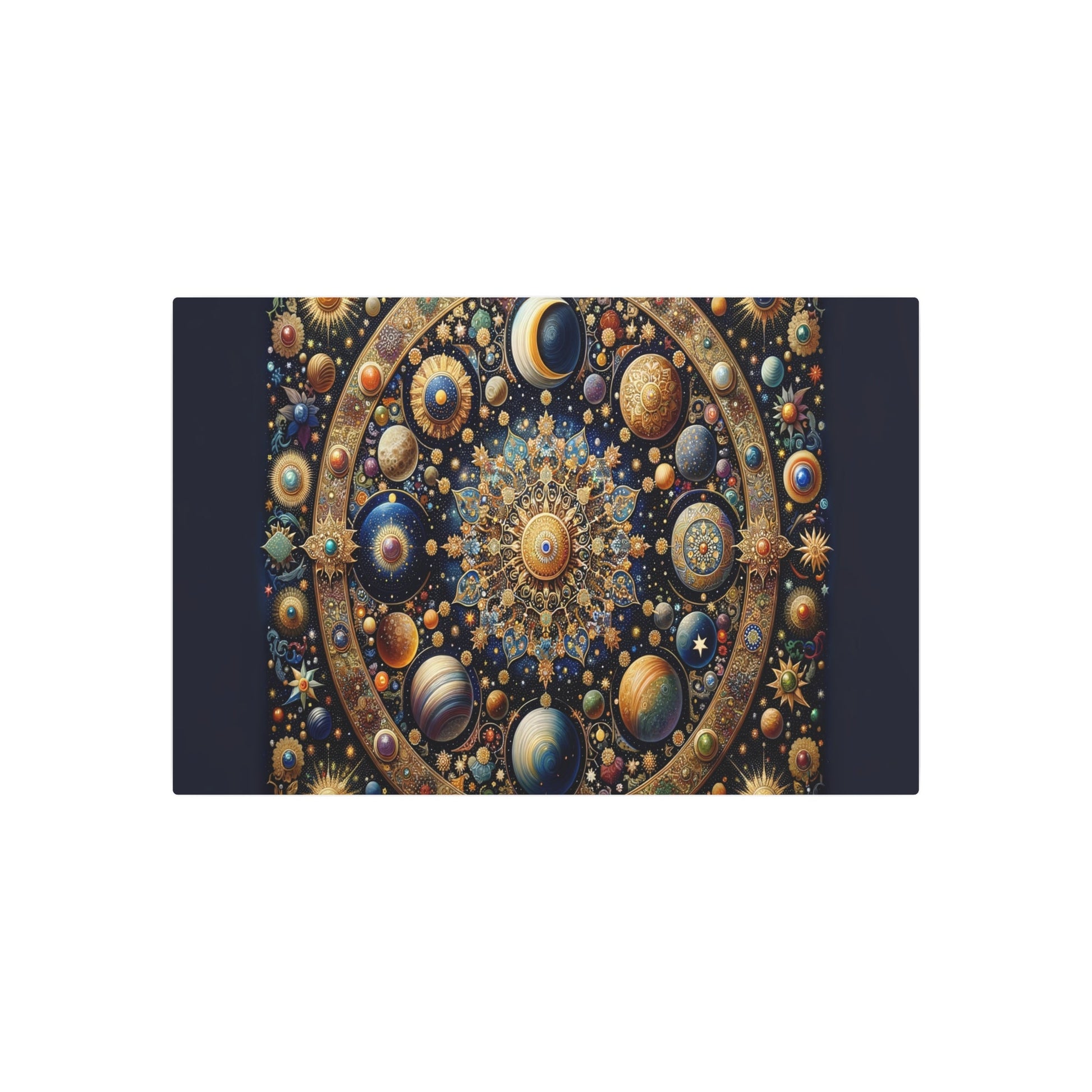 Metal Poster Art | "Mughal Miniature Artwork: Celestial Scene of Sun, Moon, Stars & Comets - Hand - painted with Gold and Precious Stones - Metal Poster Art 36″ x 24″ (Horizontal) 0.12''