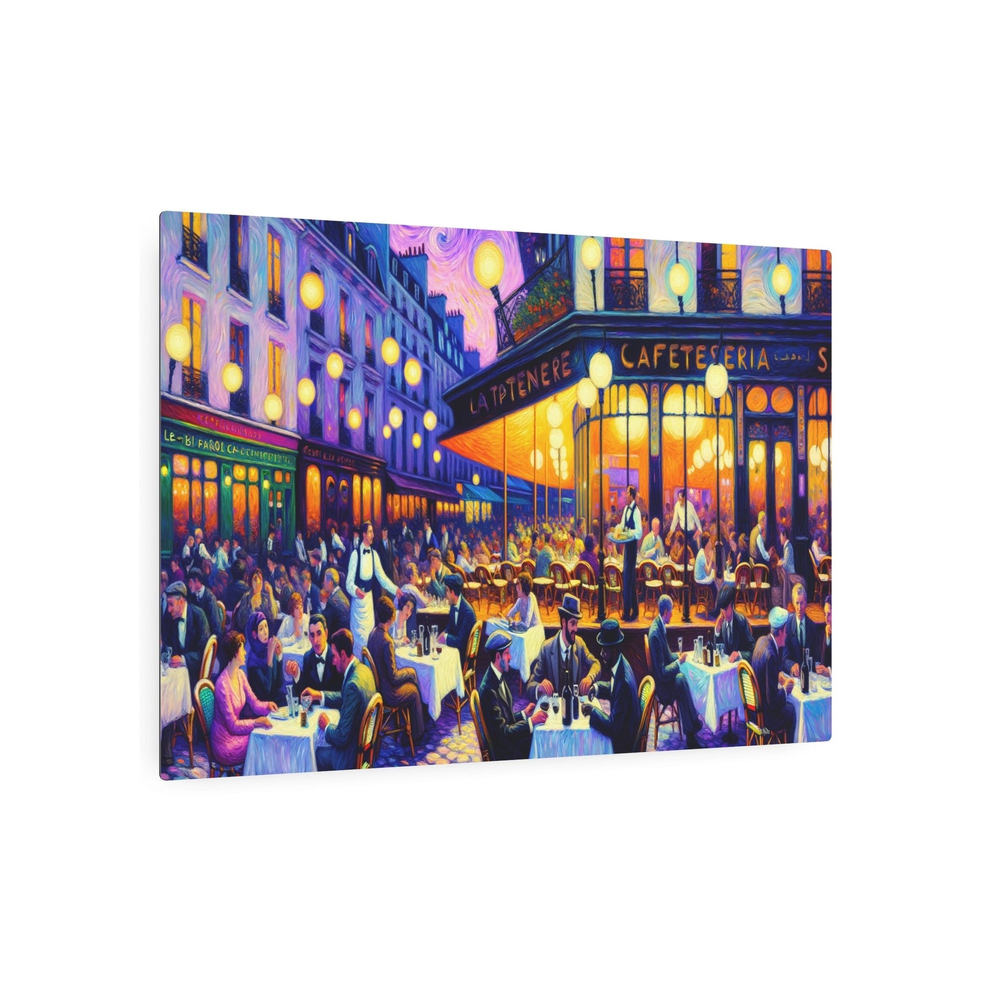 Metal Poster Art | "Post - Impressionist Evening in Paris Cafe Scene - Vibrant Western Art Style Using Distinctive Brush Strokes" - Metal Poster Art 36″ x 24″ (Horizontal) 0.12''