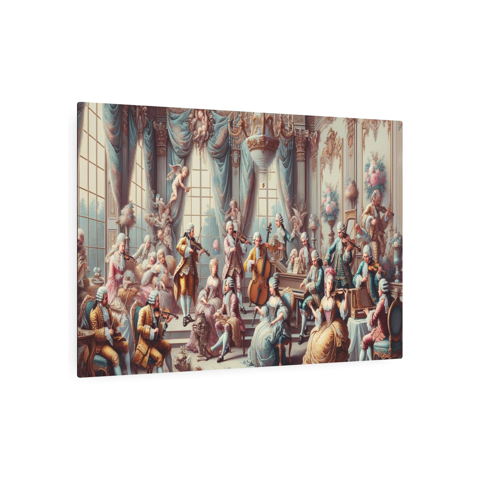 Metal Poster Art | "Rococo Style Artwork - Harmonious Scene of Music and Art with Nobles, Violins, Pianos, & Harps Amid - Metal Poster Art 36″ x 24″ (Horizontal) 0.12''