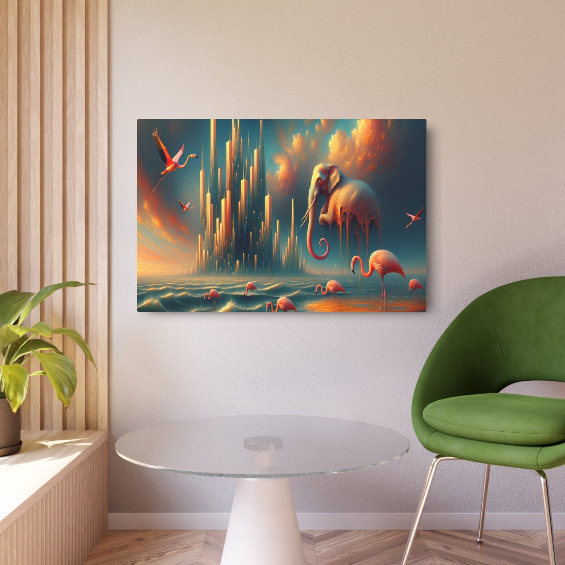 Metal Poster Art | "Salvador Dali Inspired Surrealism Art - Melting Skyscrapers & Flamboyant Elephants in Dreamlike Dusk, - Metal Poster Art 36″ x 24″ (Horizontal) 0.12''