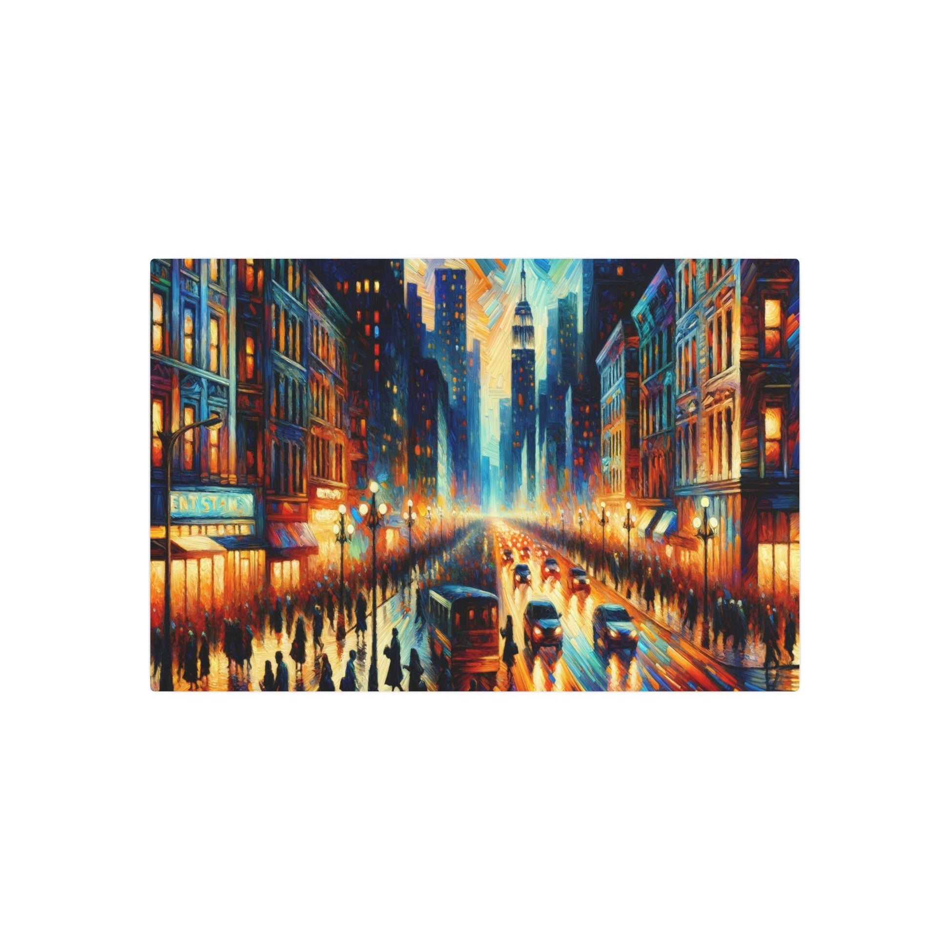 Metal Poster Art | "Expressionistic Western Art Style: Bustling Night City Street Scene - Expressionism Artwork" - Metal Poster Art 36″ x 24″ (Horizontal) 0.12''