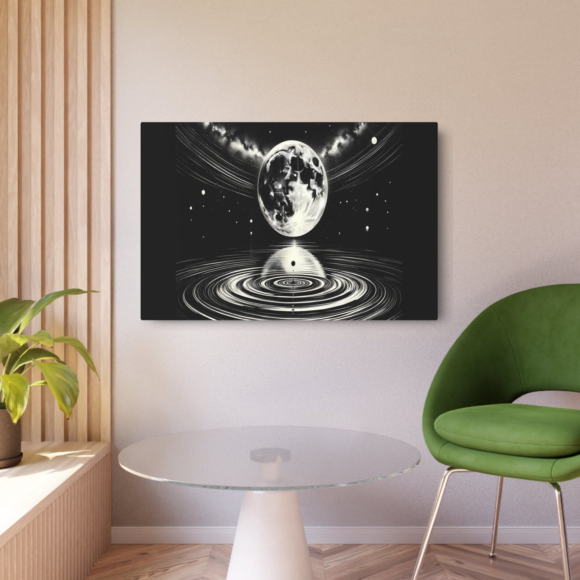 Metal Poster Art | "Sumi - e Artistic Masterpiece: Celestial Body Theme with Majestic Full Moon, Tranquil Cosmic Lake and Iconic Planets - Asian - Metal Poster Art 36″ x 24″ (Horizontal) 0.12''