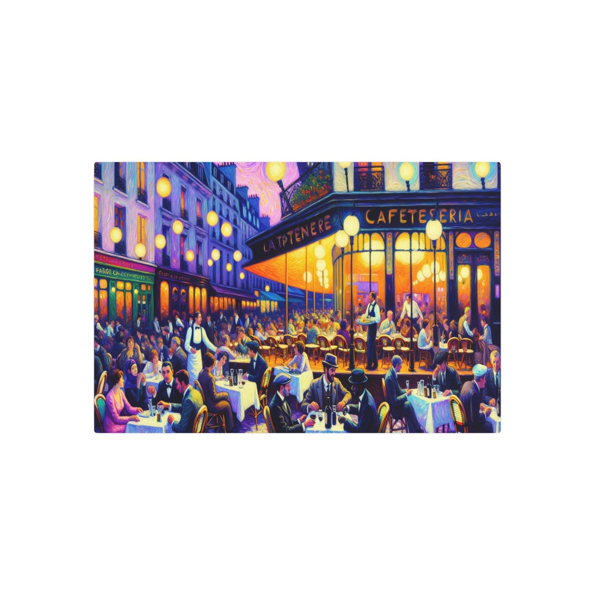 Metal Poster Art | "Post - Impressionist Evening in Paris Cafe Scene - Vibrant Western Art Style Using Distinctive Brush Strokes" - Metal Poster Art 36″ x 24″ (Horizontal) 0.12''