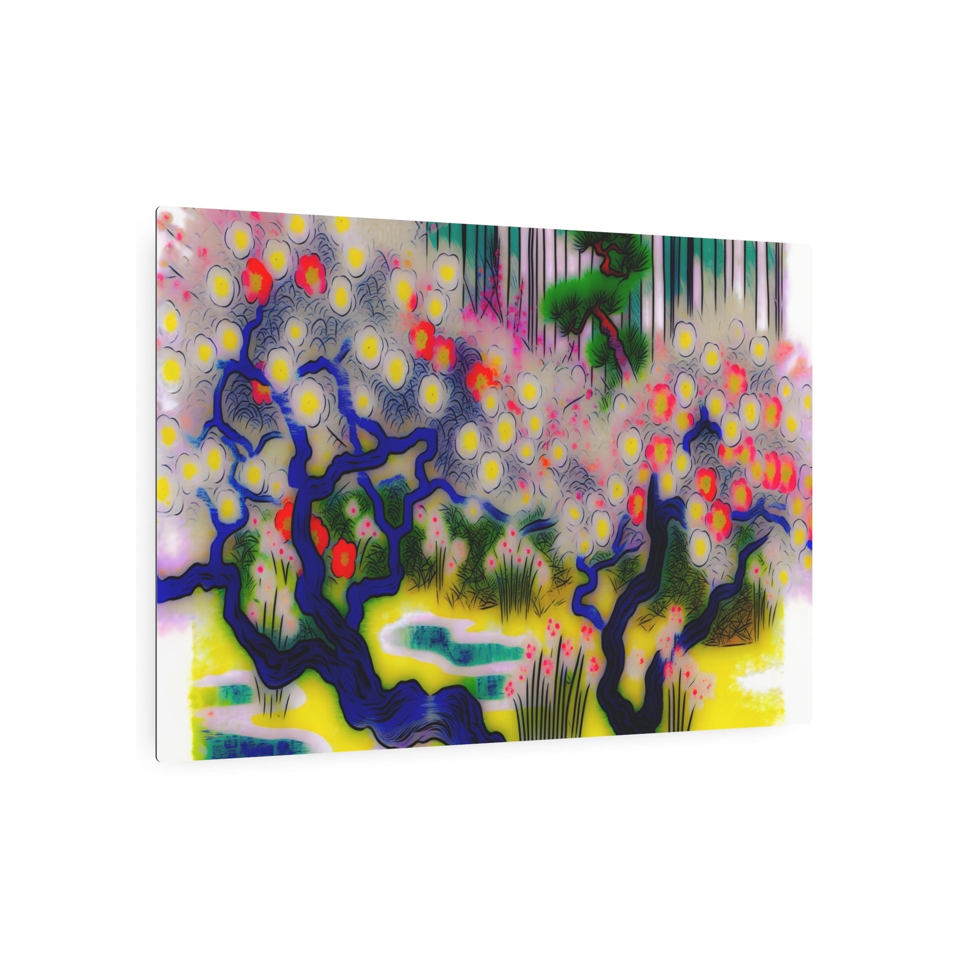 Metal Poster Art | "Kano School Inspired Japanese Art - Serene Flourishing Garden Scene with Dynamic Movement - Asian Art Styles" - Metal Poster Art 36″ x 24″ (Horizontal) 0.12''