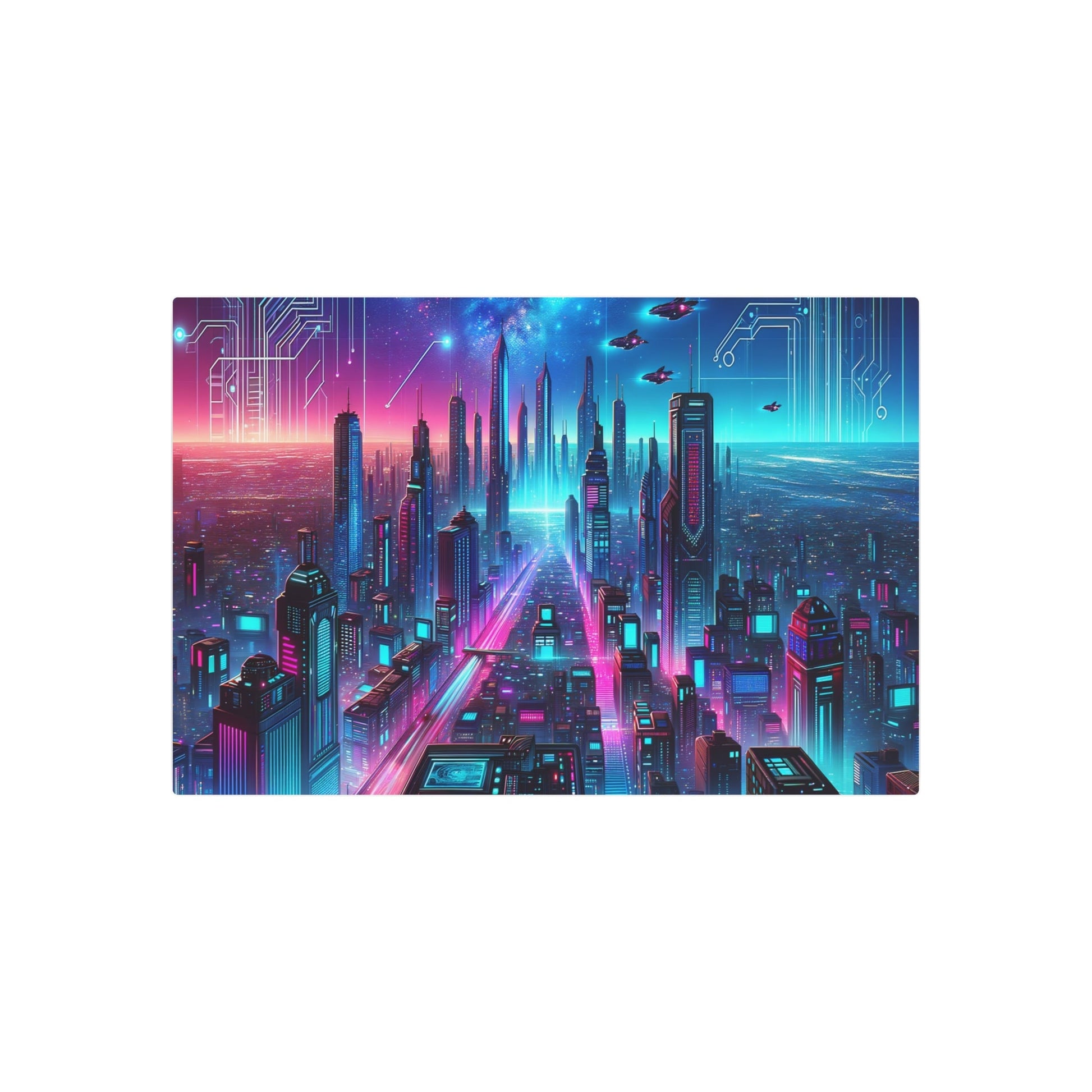 Metal Poster Art | "Futuristic Cityscape Under Neon Sky - Modern Contemporary Digital Art by Dalle - 3" - Metal Poster Art 36″ x 24″ (Horizontal) 0.12''