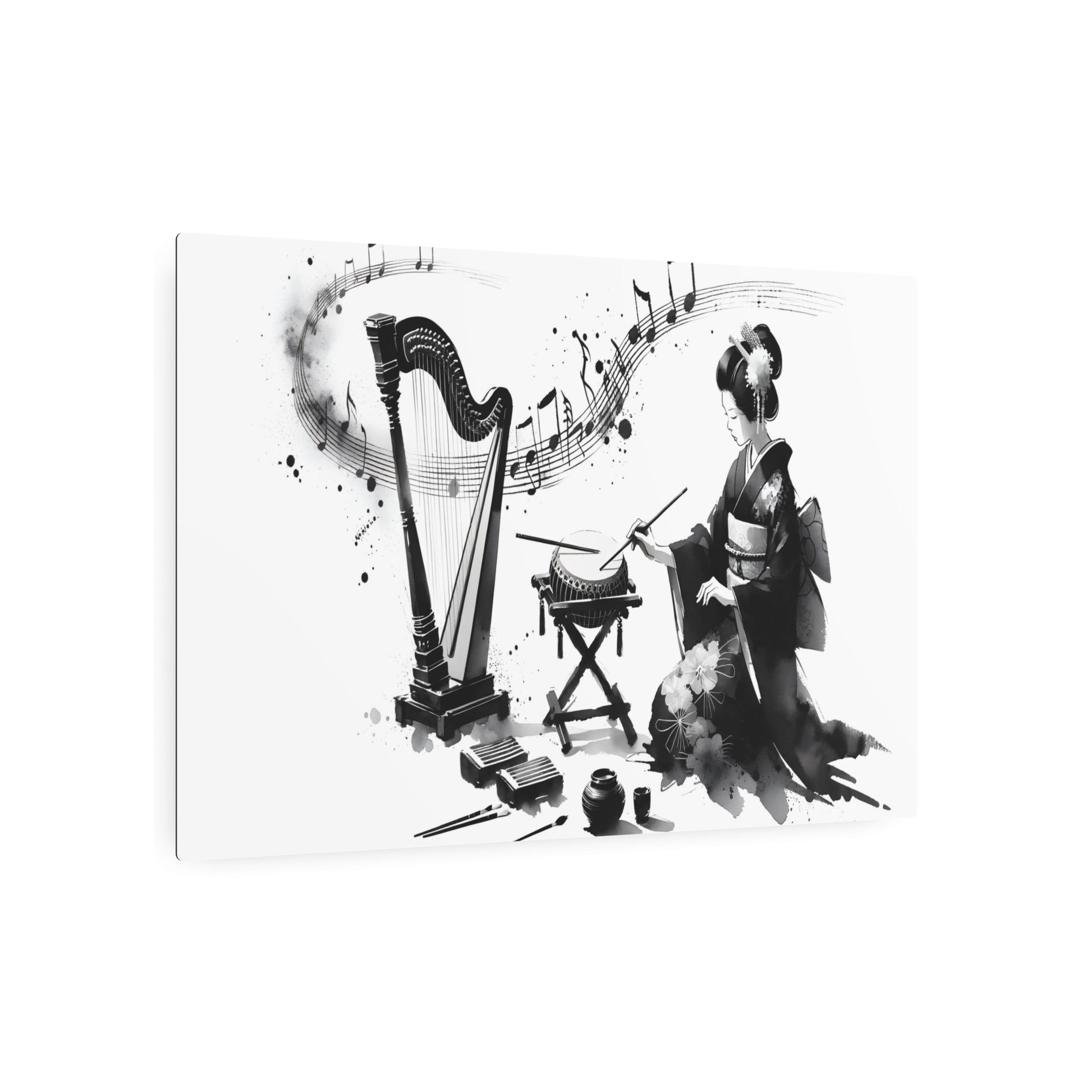 Metal Poster Art | "Artistic Fusion of Music & Art: Sumi - e Style Japanese Ink Wash Painting featuring Traditional Instruments and Brush Strokes - Elegance and Depth - Metal Poster Art 36″ x 24″ (Horizontal) 0.12''