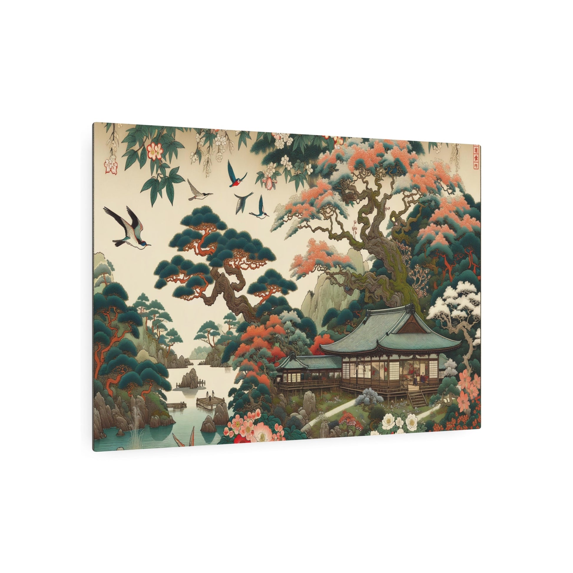 Metal Poster Art | "Kano School Inspired Asian Artwork: Japanese - Chinese Fusion with Bright Colors, Intricate Lines, and Natural Themes - Birds, Flowers & Land - Metal Poster Art 36″ x 24″ (Horizontal) 0.12''