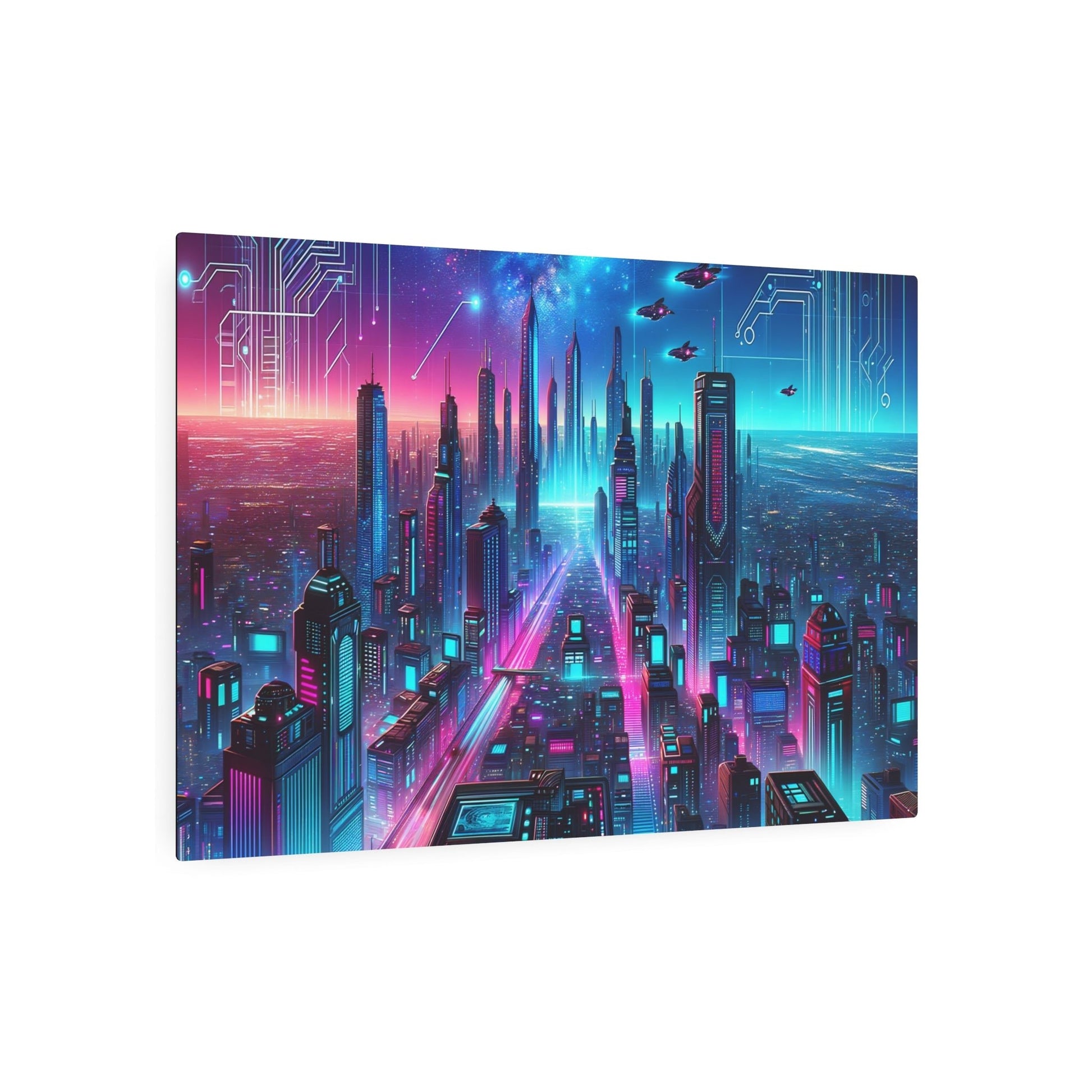 Metal Poster Art | "Futuristic Cityscape Under Neon Sky - Modern Contemporary Digital Art by Dalle - 3" - Metal Poster Art 36″ x 24″ (Horizontal) 0.12''