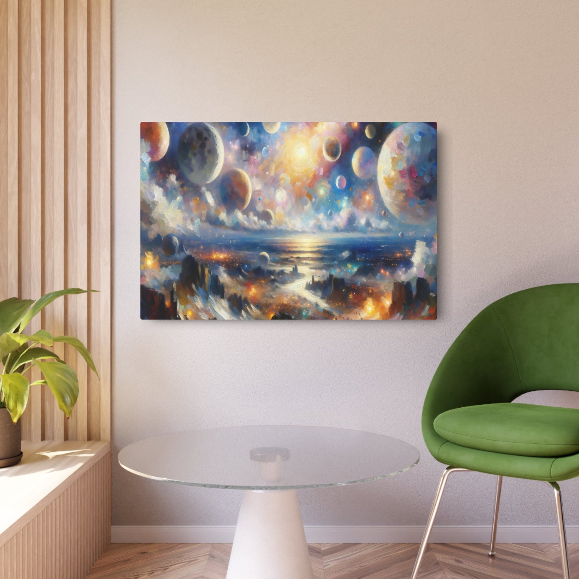 Metal Poster Art | "Impressionist Western Art Style - Celestial Bodies Artwork featuring Stars, Moon, Planets and Galaxies" - Metal Poster Art 36″ x 24″ (Horizontal) 0.12''