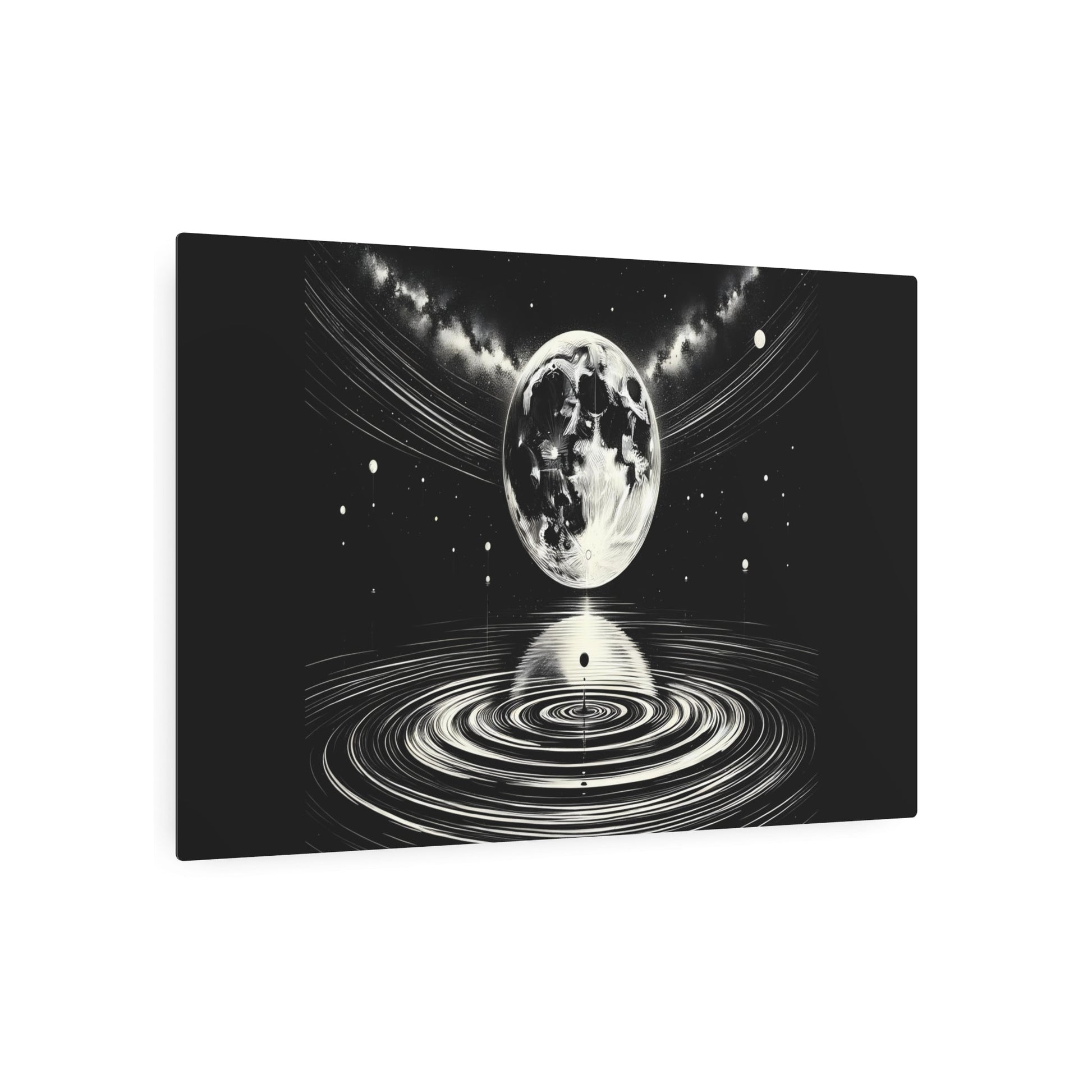 Metal Poster Art | "Sumi - e Artistic Masterpiece: Celestial Body Theme with Majestic Full Moon, Tranquil Cosmic Lake and Iconic Planets - Asian - Metal Poster Art 36″ x 24″ (Horizontal) 0.12''