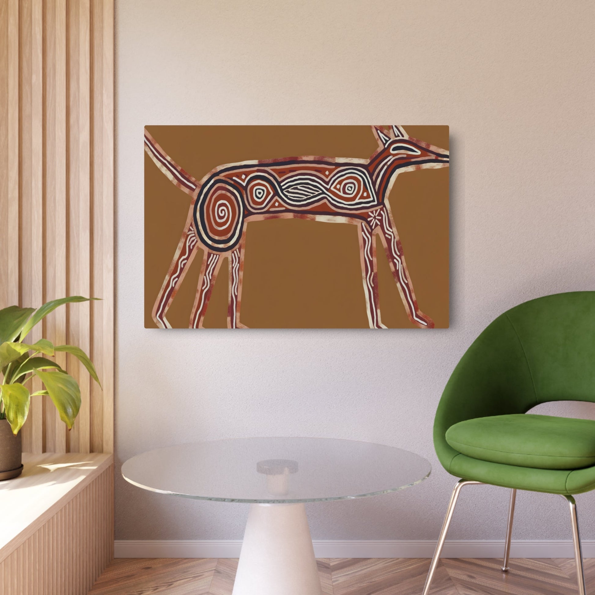 Metal Poster Art | "Authentic Australian Aboriginal Art Style Dog Image with Traditional Symbols and Patterns - Non-Western & Global Aboriginal Art" - Metal Poster Art 36″ x 24″ (Horizontal) 0.12''