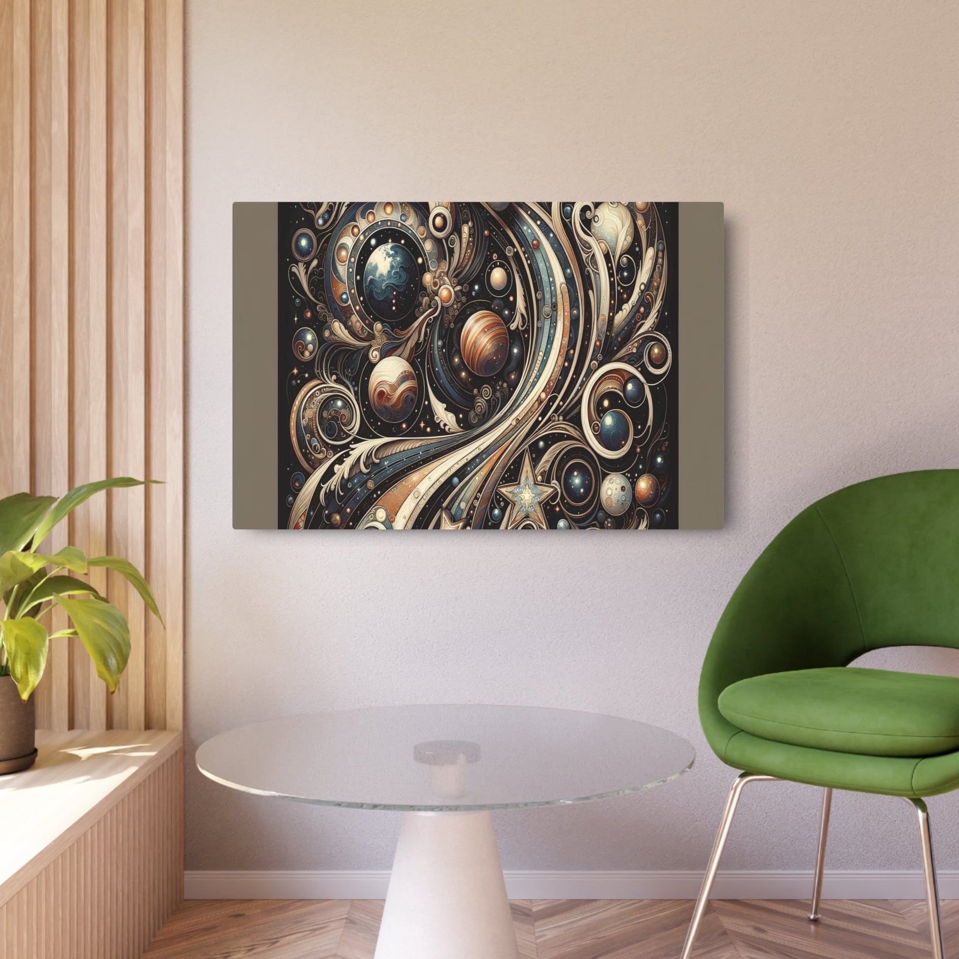 Metal Poster Art | "Art Nouveau Inspired Celestial Bodies Artwork - Stars, Planets, and Galaxies Themed Western Art Styles" - Metal Poster Art 36″ x 24″ (Horizontal) 0.12''