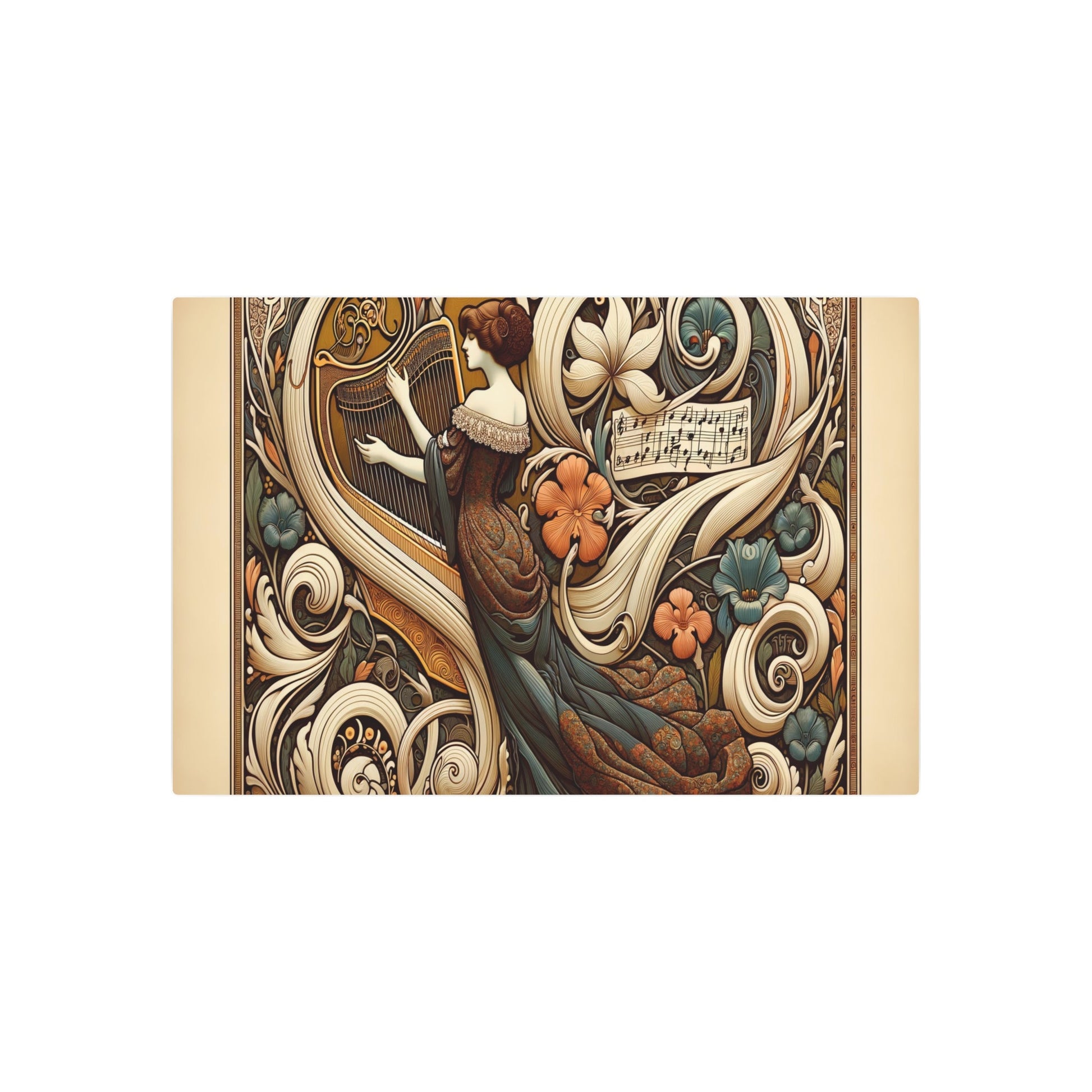 Metal Poster Art | "Art Nouveau - Inspired Late 19th Century Western Art Print: Musical Harmony in Organic Forms - Woman with Stringed Instrument Amid Floral and - Metal Poster Art 36″ x 24″ (Horizontal) 0.12''