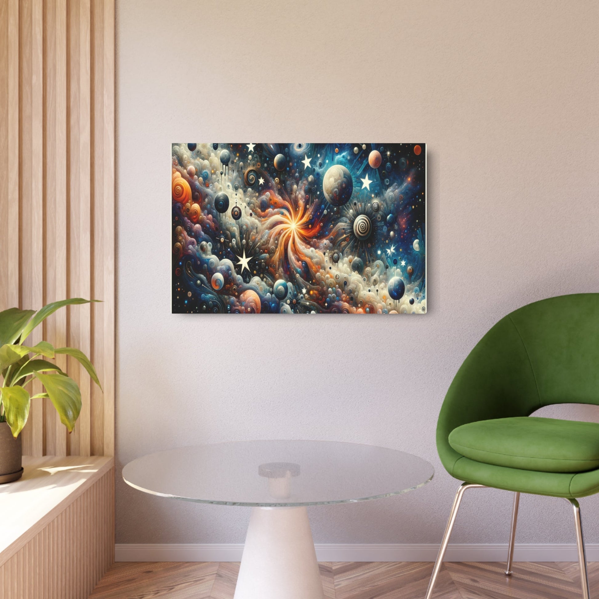 Metal Poster Art | "Modern Surrealistic Celestial Body Artwork - Dreamlike Juxtaposition of Stars, Galaxies, Planets & Comets in Contemporary Surre - Metal Poster Art 36″ x 24″ (Horizontal) 0.12''