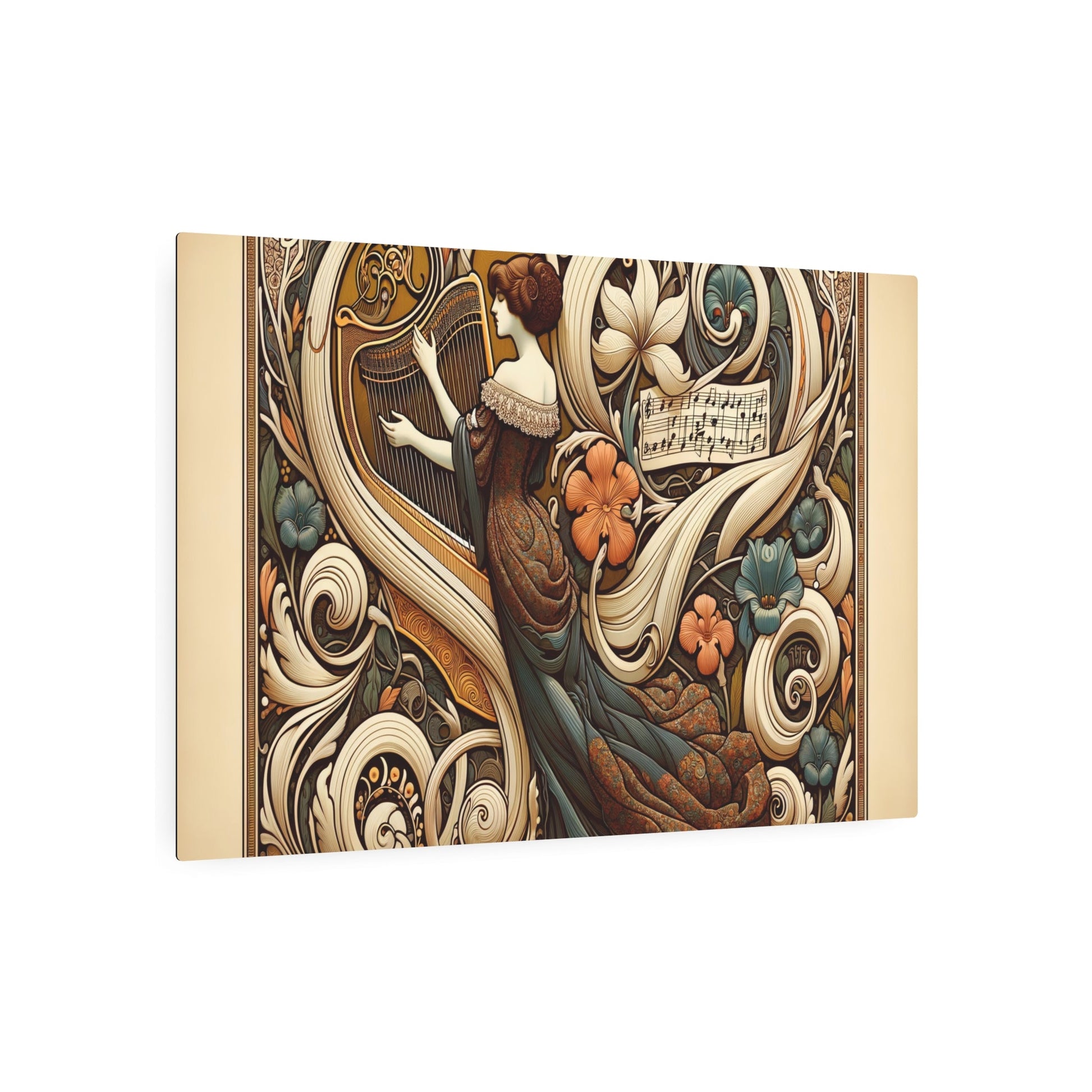 Metal Poster Art | "Art Nouveau - Inspired Late 19th Century Western Art Print: Musical Harmony in Organic Forms - Woman with Stringed Instrument Amid Floral and - Metal Poster Art 36″ x 24″ (Horizontal) 0.12''