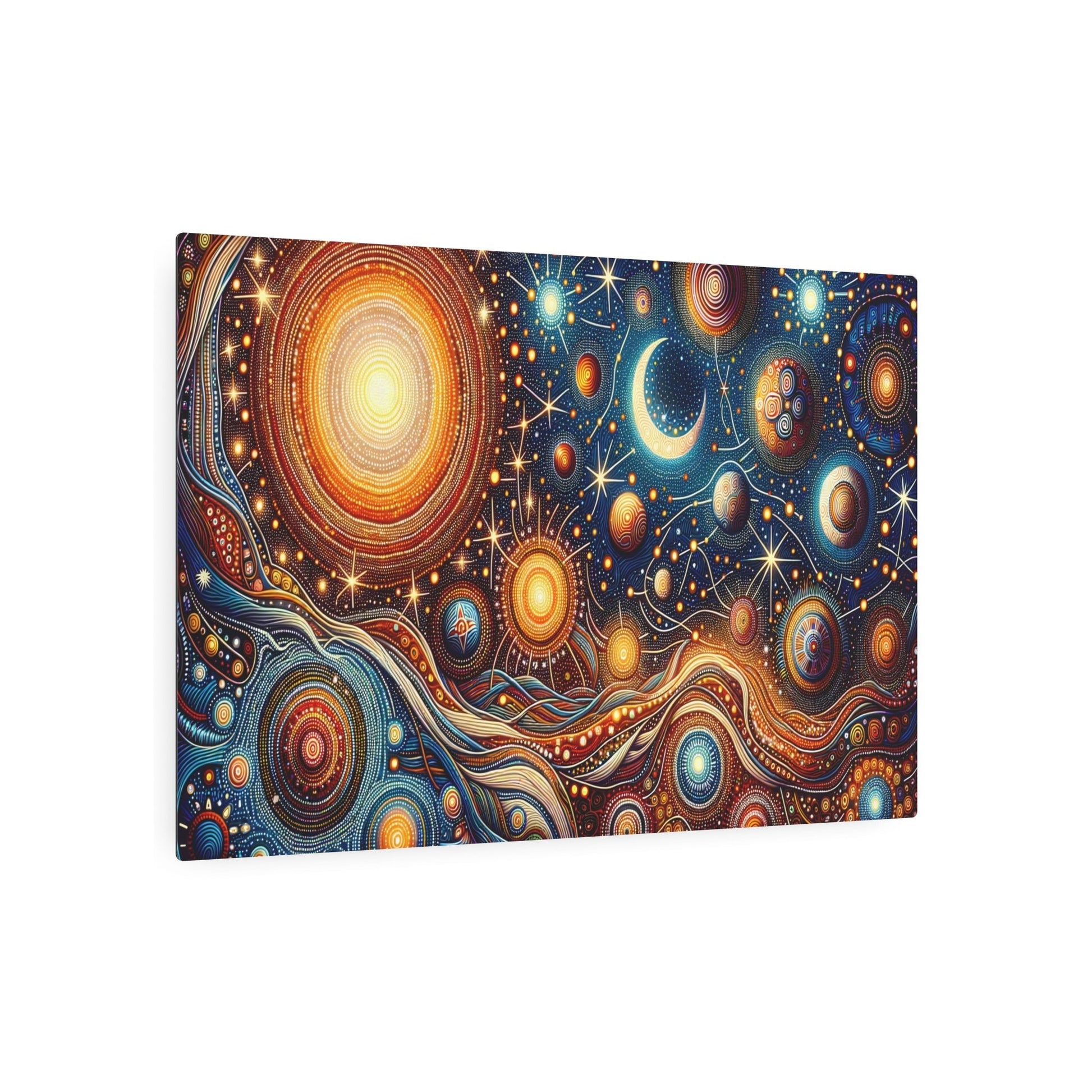 Metal Poster Art | "Australian Aboriginal Art - Celestial Theme with Traditional Patterns and Warm Hues in Non - Western & Global Styles" - Metal Poster Art 36″ x 24″ (Horizontal) 0.12''