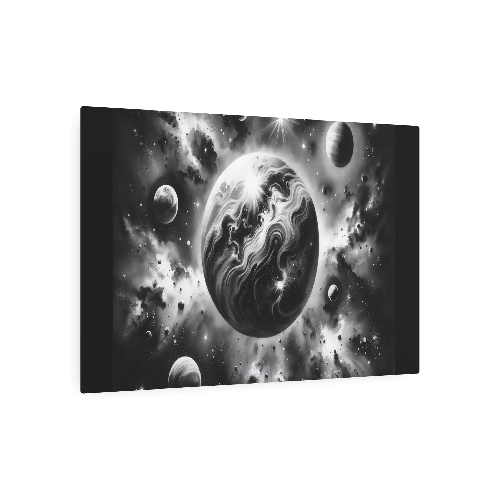 Metal Poster Art | "Sumi - e Japanese Ink Wash Asian Art - Celestial Bodies and Cosmos Interpretation with Light - Shadow Interplay" - Metal Poster Art 36″ x 24″ (Horizontal) 0.12''