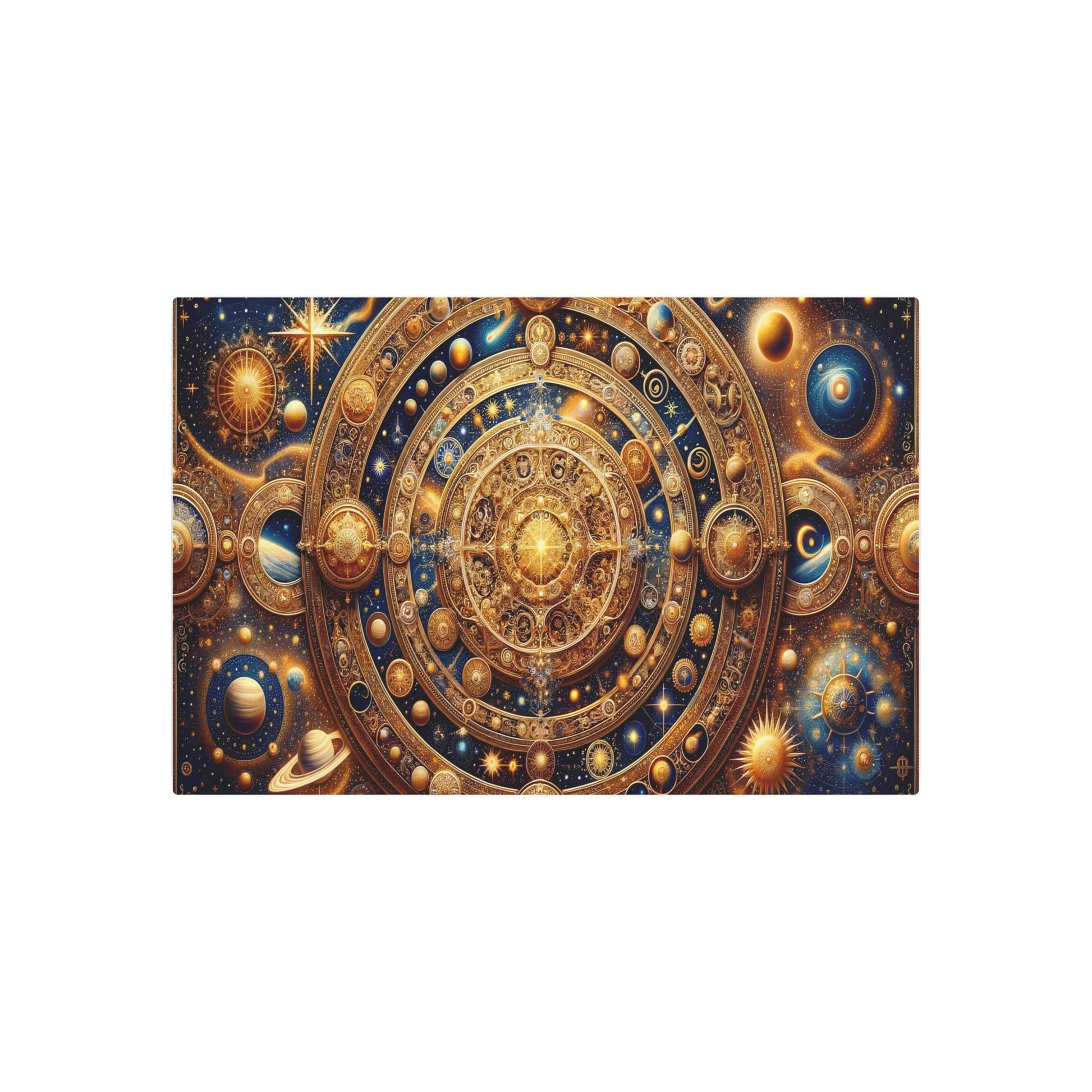 Metal Poster Art | "Byzantine Art Style Celestial Body Theme: Intricate Design of Stars, Comets, Galaxies and Planets with Gold Accents in - Metal Poster Art 36″ x 24″ (Horizontal) 0.12''