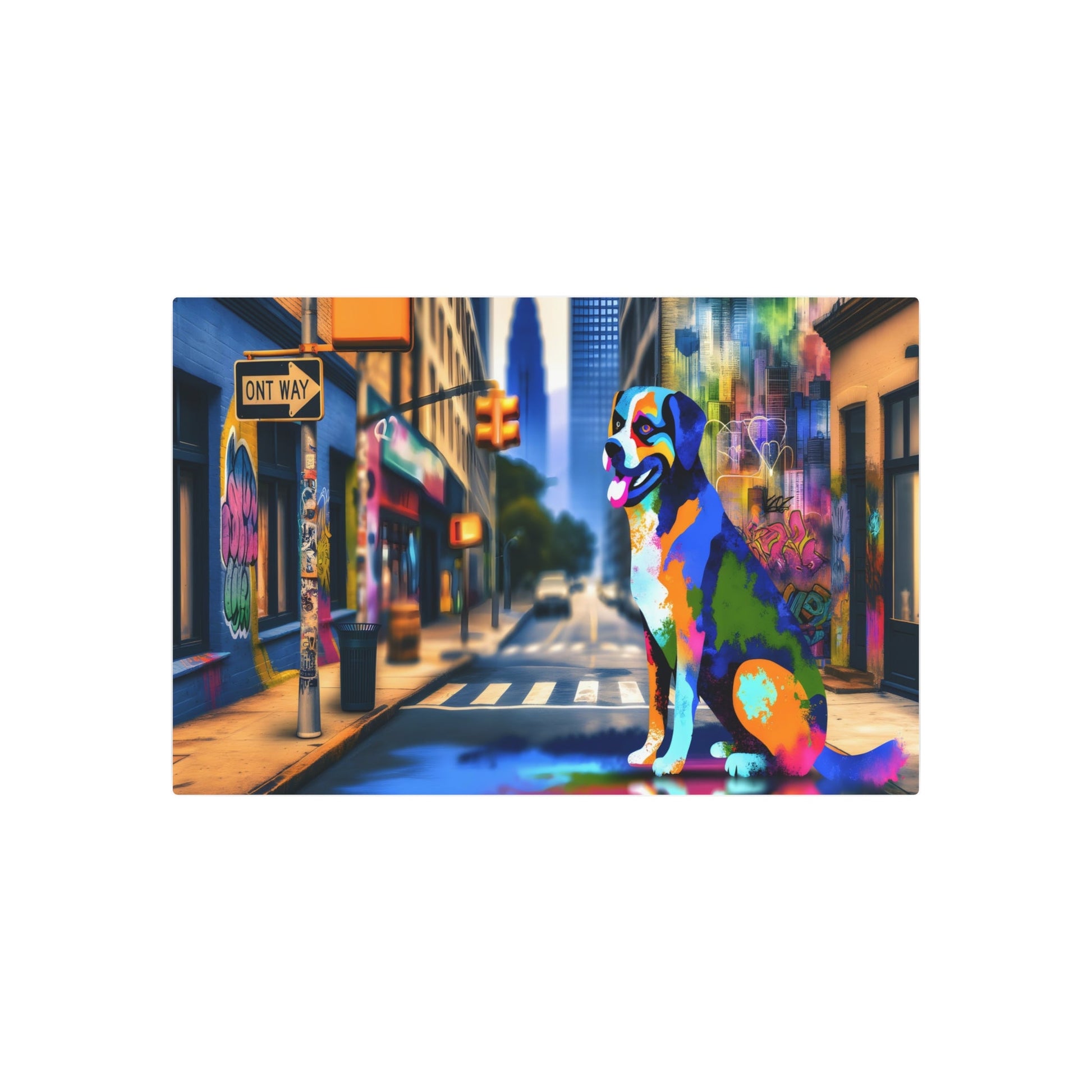 Metal Poster Art | "Modern Street Art - Vibrant Dog Centerpiece in Dynamic Cityscape, Contemporary Urban Style Wall Art" - Metal Poster Art 36″ x 24″ (Horizontal) 0.12''