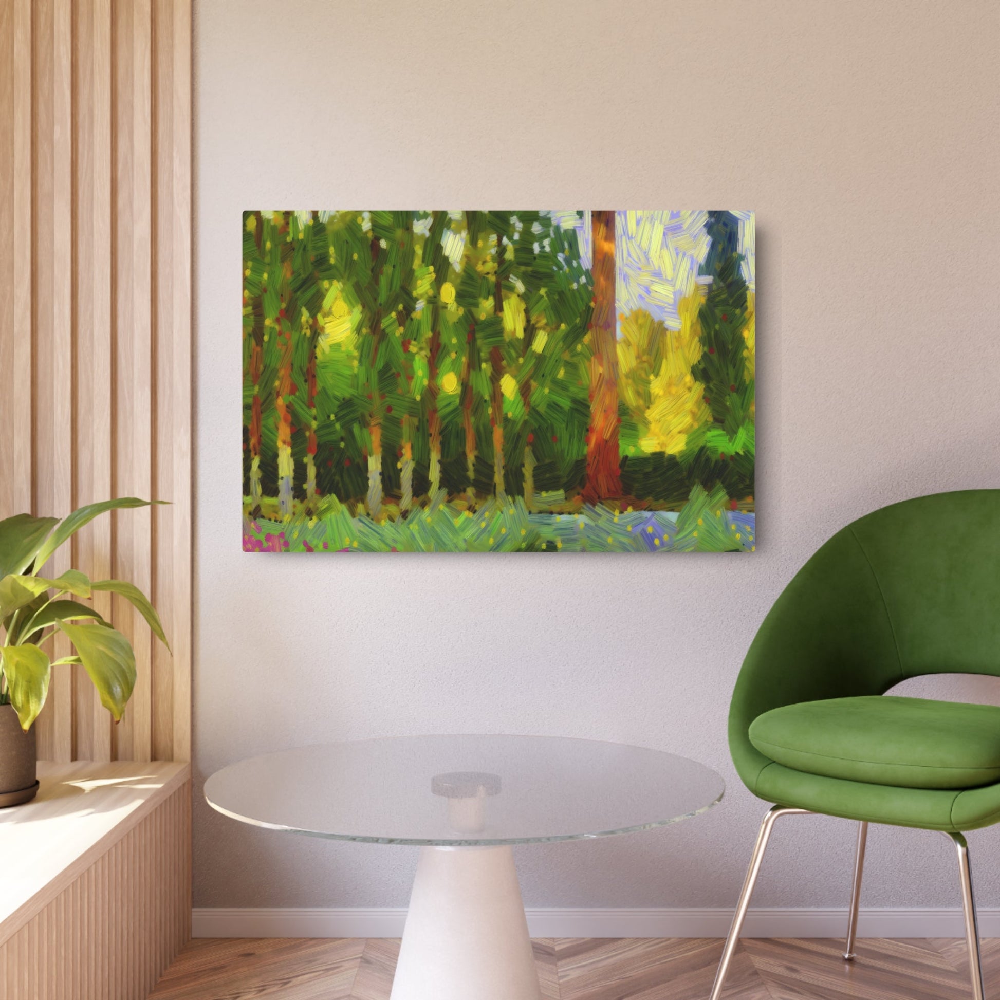 Metal Poster Art | "Impressionist Western Art Style - Vibrant Lush Forest with Towering Trees and Sunlight Filtering Through Leaves Painting" - Metal Poster Art 36″ x 24″ (Horizontal) 0.12''