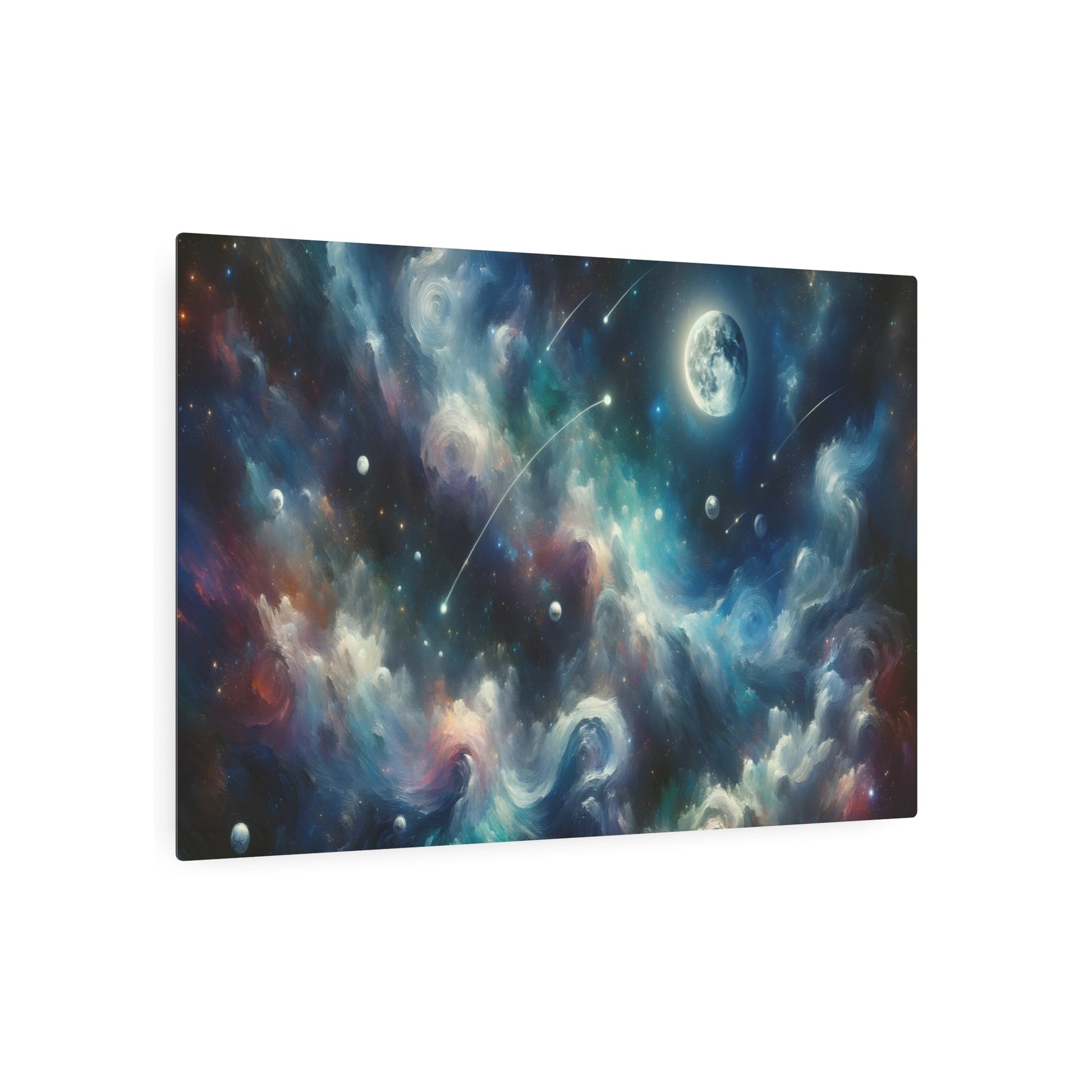 Metal Poster Art | "Impressionist Starry Night Canvas Art - Vibrant Moon & Meteor Shower in a Celestial Dance, Planetarium - Inspired Western Art in - Metal Poster Art 36″ x 24″ (Horizontal) 0.12''