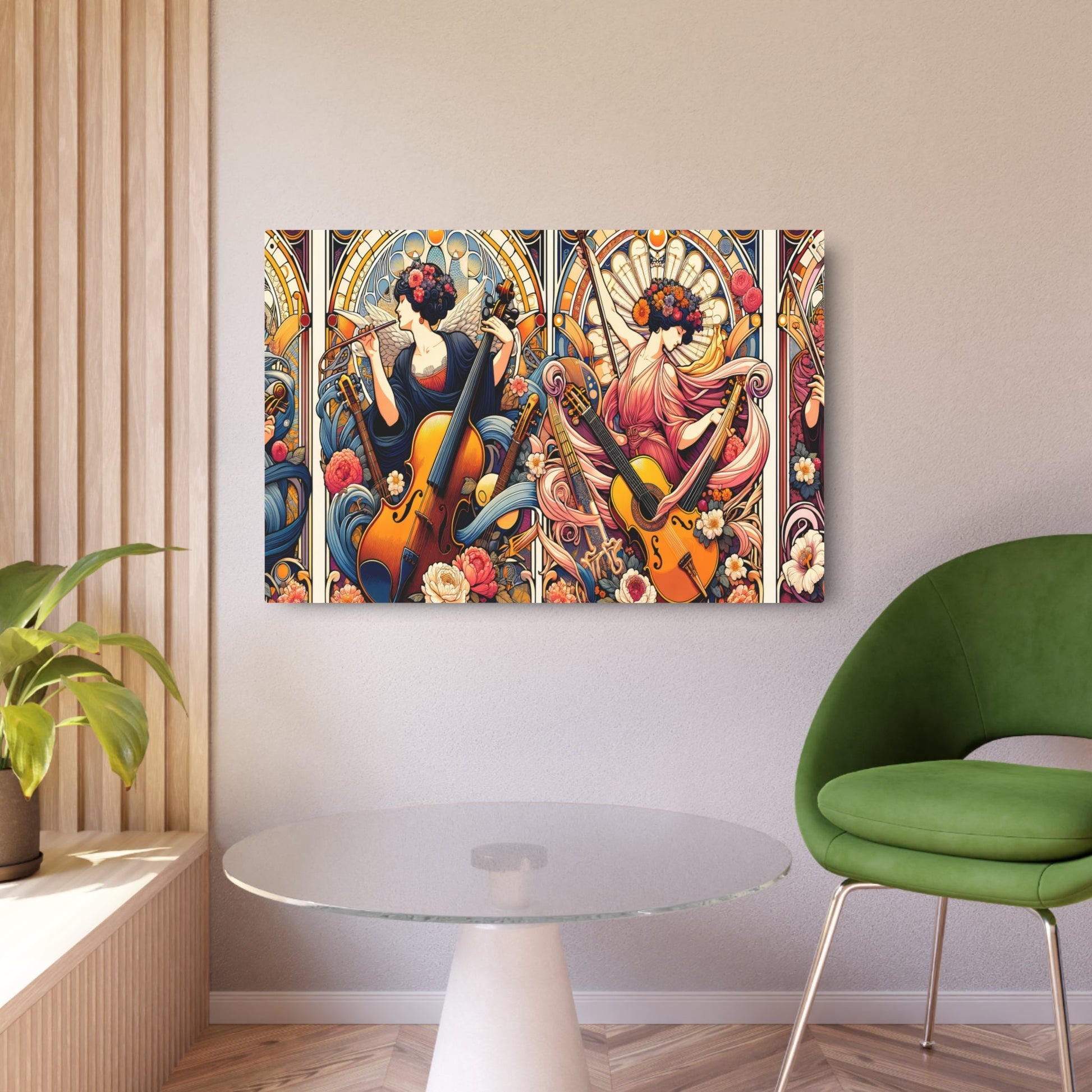 Metal Poster Art | "Art Nouveau Style Fusion of Music and Art Illustration - Violins, Guitars, Pianos Merging into Artwork with Flowers - Metal Poster Art 36″ x 24″ (Horizontal) 0.12''